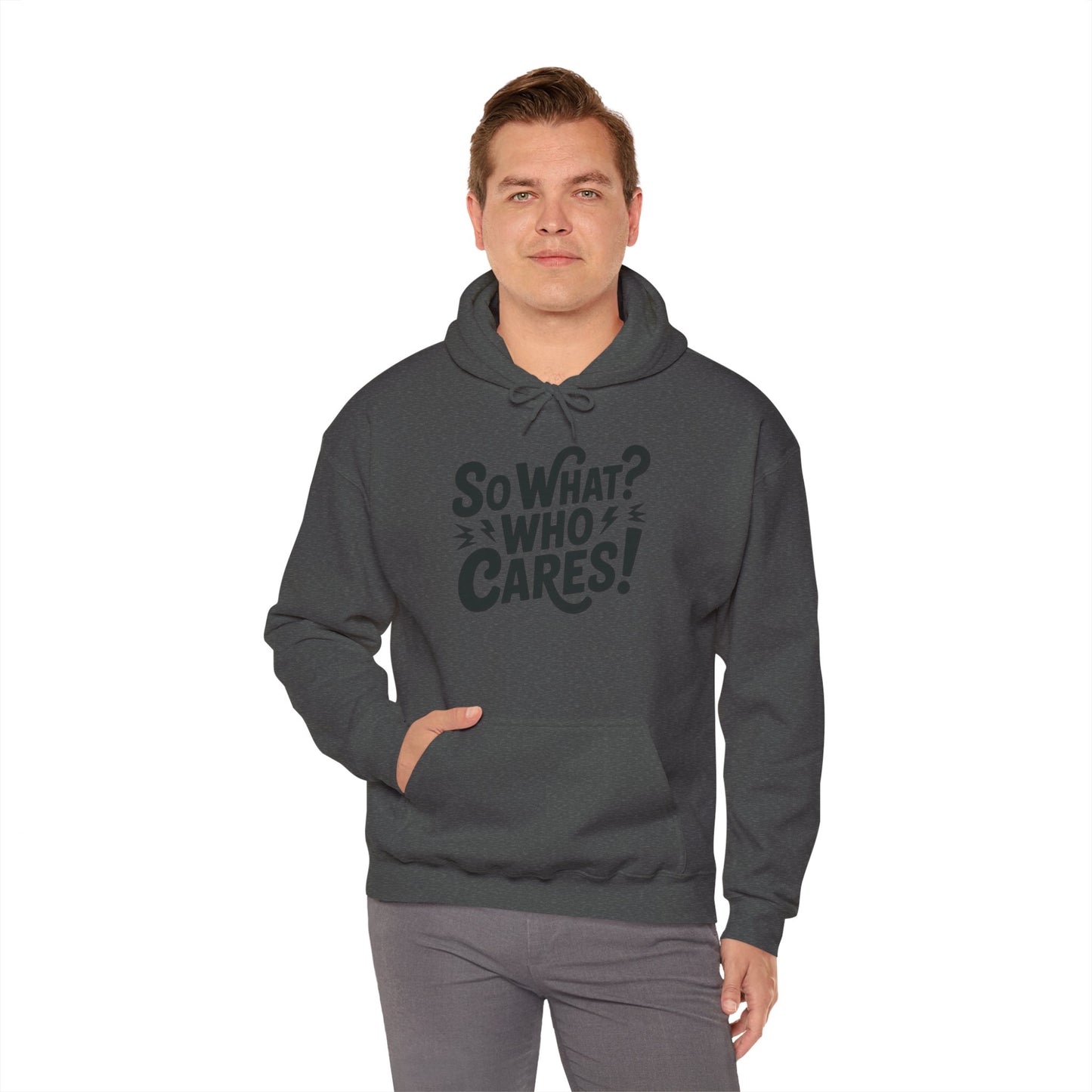 So What? Who Cares! Funny Mens Hoodie, Bold Statement Design, Lightning Graphic Pullover, Rebellious Urban Humor, Funny Streetwear