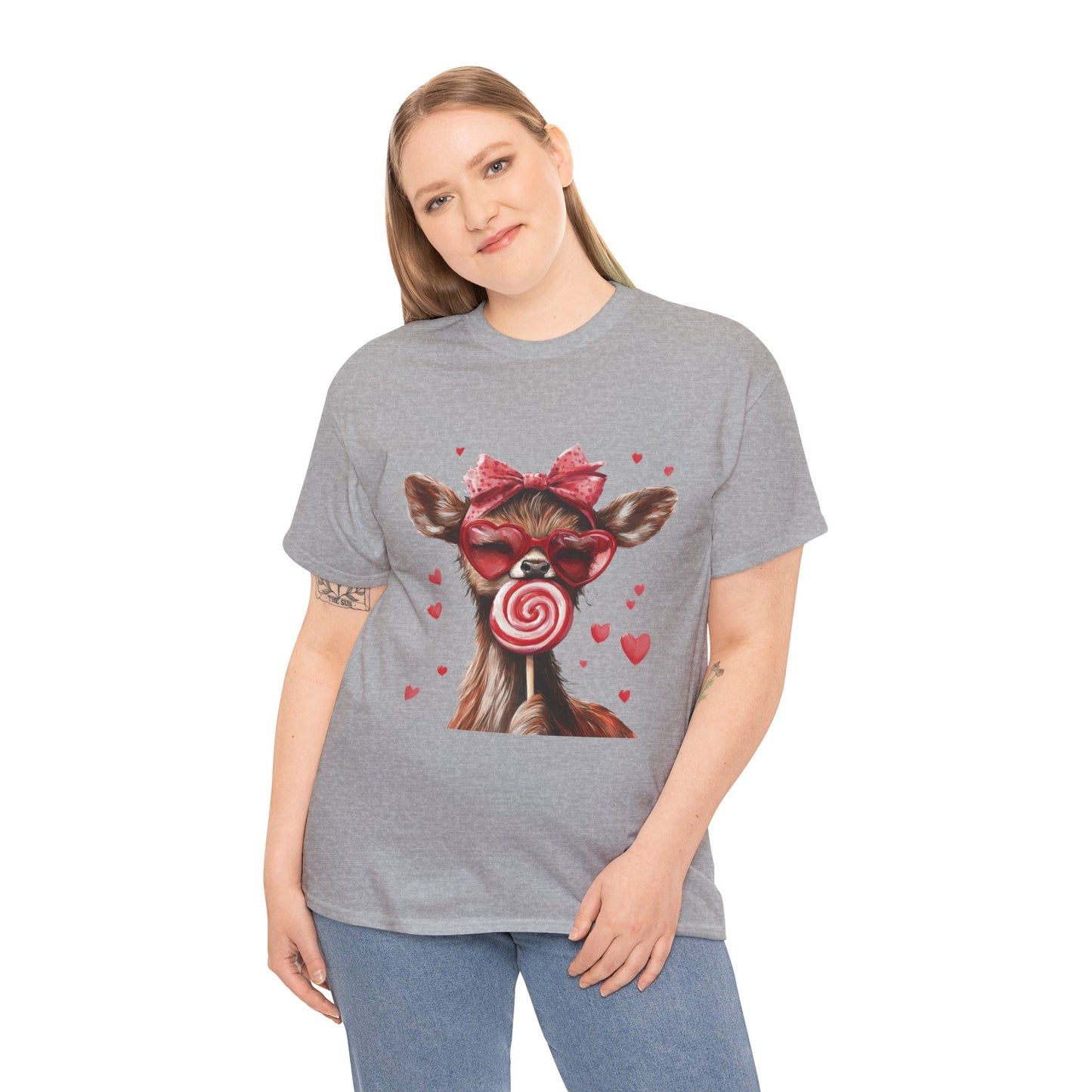 Cute Deer with Heart Glasses and Lollipop, Valentine's Day Heavy Cotton Tee, Fun Animal Love Shirt Gift for Her, Animal Lovers Shirt