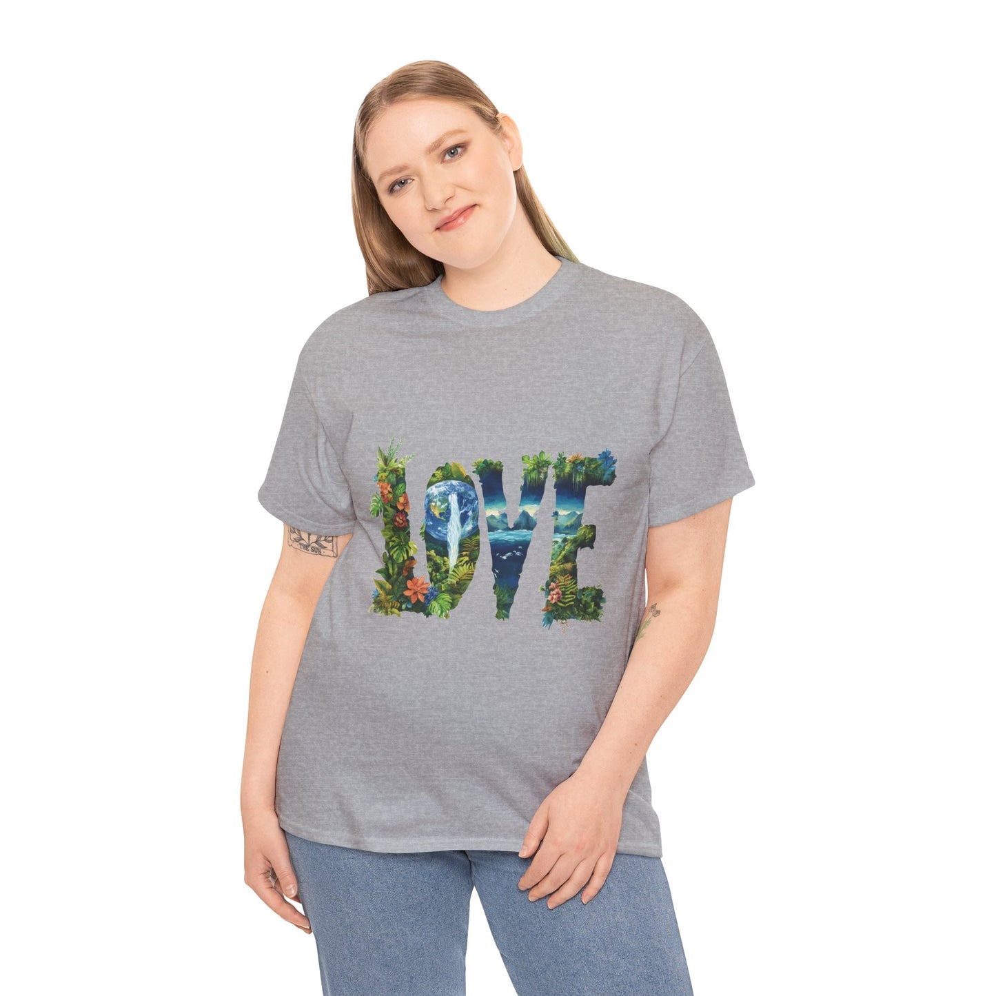 LOVE Nature Art Womens Heavy Cotton Tee, Earth Day Jungle Forest Graphic T-Shirt, Eco Friendly Gift Shirt, Nature-Inspired Love Tee