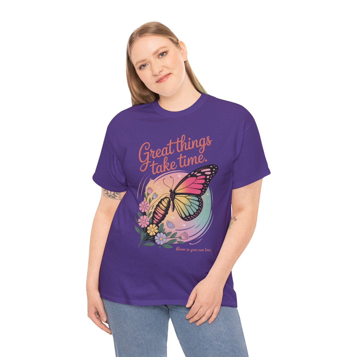 Butterfly Motivational Women's Heavy Cotton Tee, Great Things Take Time Shirt, Gift for Nature Lovers, Inspirational Apparel, Summer Outfit