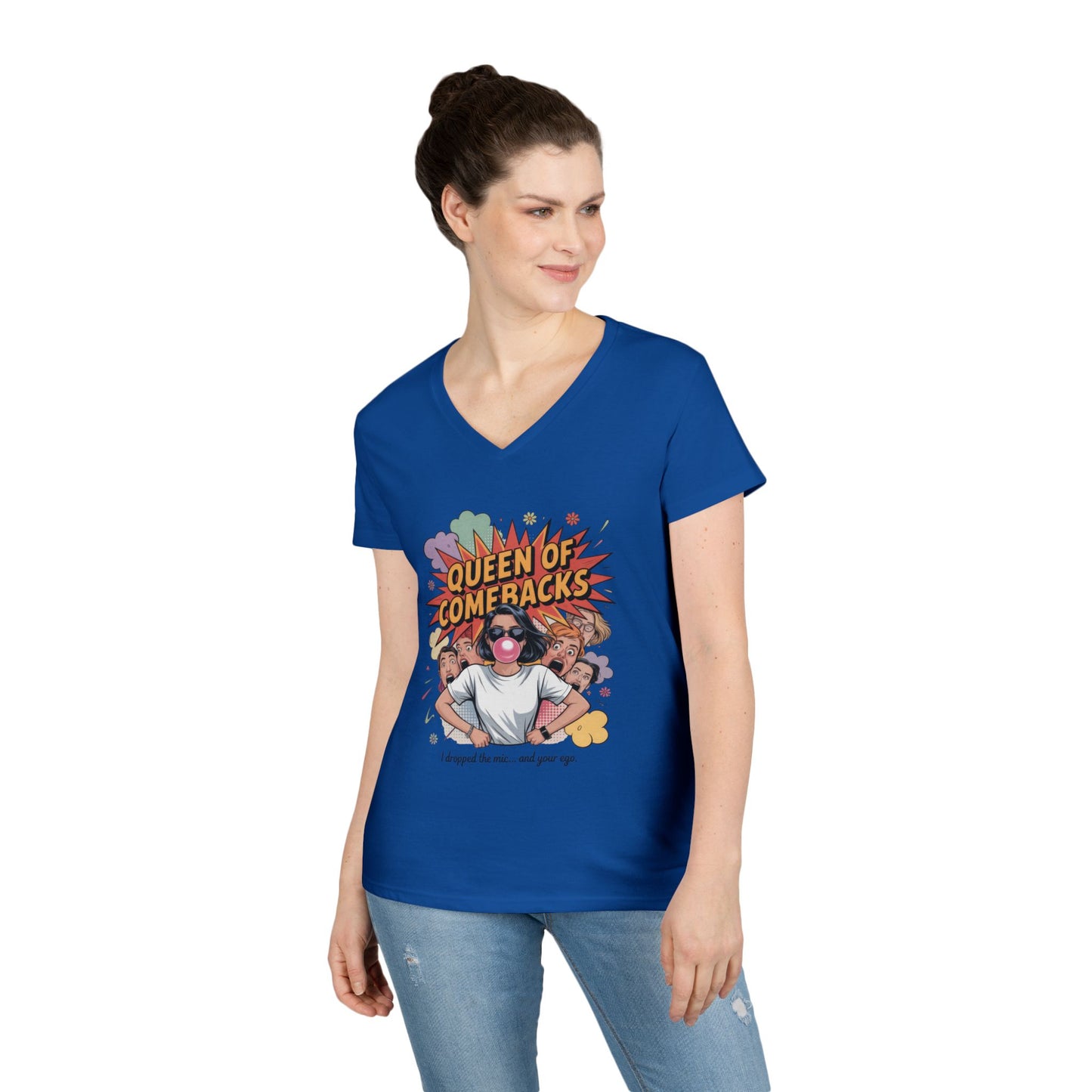 Queen of Comebacks V-Neck T-Shirt, Funny Graphic Tee, Gift for Friends, Humor Apparel, Casual Wear, Comedic Shirt