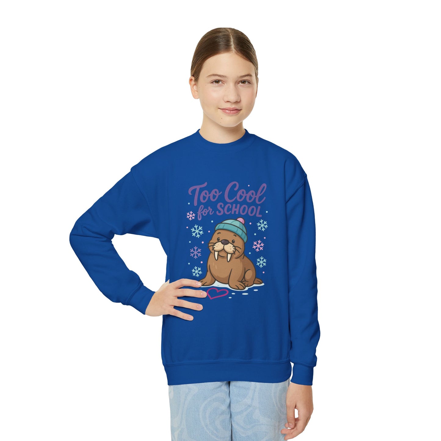 Youth Crewneck Sweatshirt, Kids Too Cool for School Walrus Sweatshirt, Funny Animal Pullover, Cute Winter Top