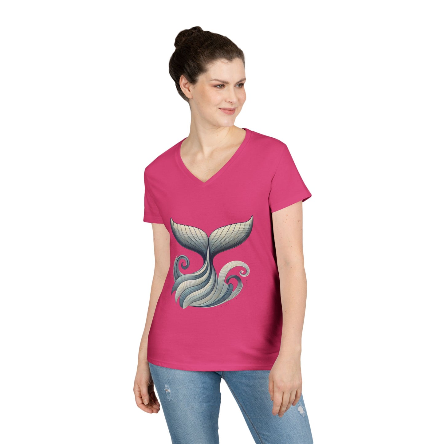 Whale Tail Ocean Wave Graphic V-Neck T-Shirt, Unisex Heavy Cotton Shirt for Sea Lovers, Ocean Lover Shirt, Summer Fashion Tee Gift