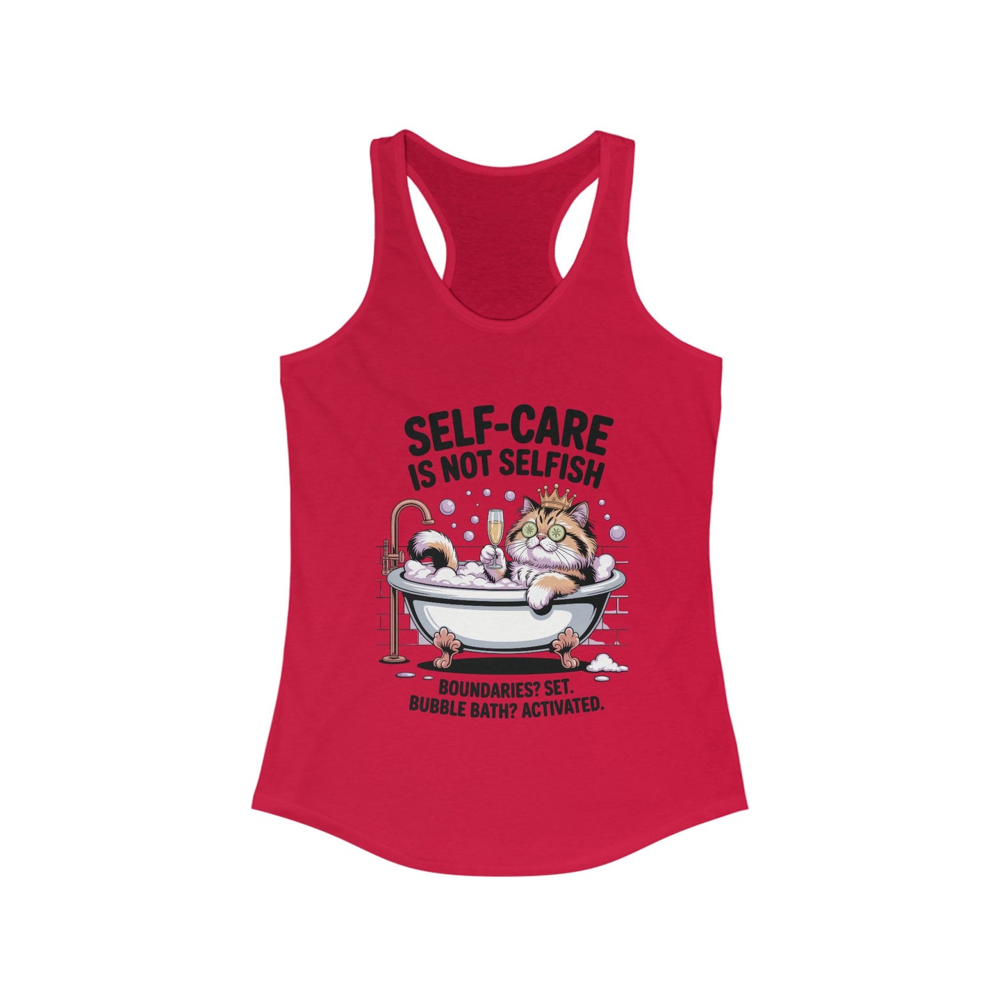 Womens Ideal Racerback Tank, Self-Care Cat Shirt, Funny Cat Bubble Bath Tee, Relaxing Kitty Graphic, Self Care Is Not Selfish Womens Tank