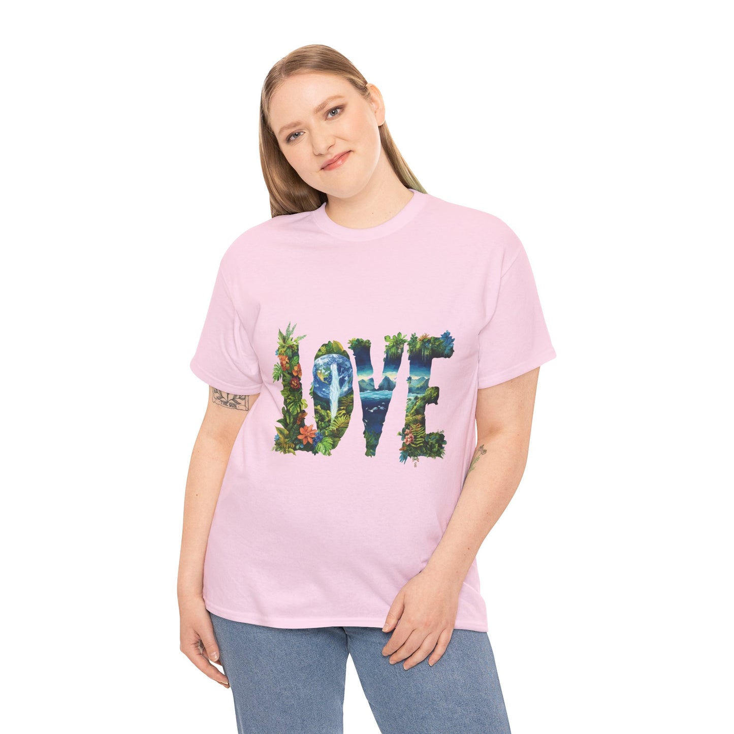 LOVE Nature Art Womens Heavy Cotton Tee, Earth Day Jungle Forest Graphic T-Shirt, Eco Friendly Gift Shirt, Nature-Inspired Love Tee