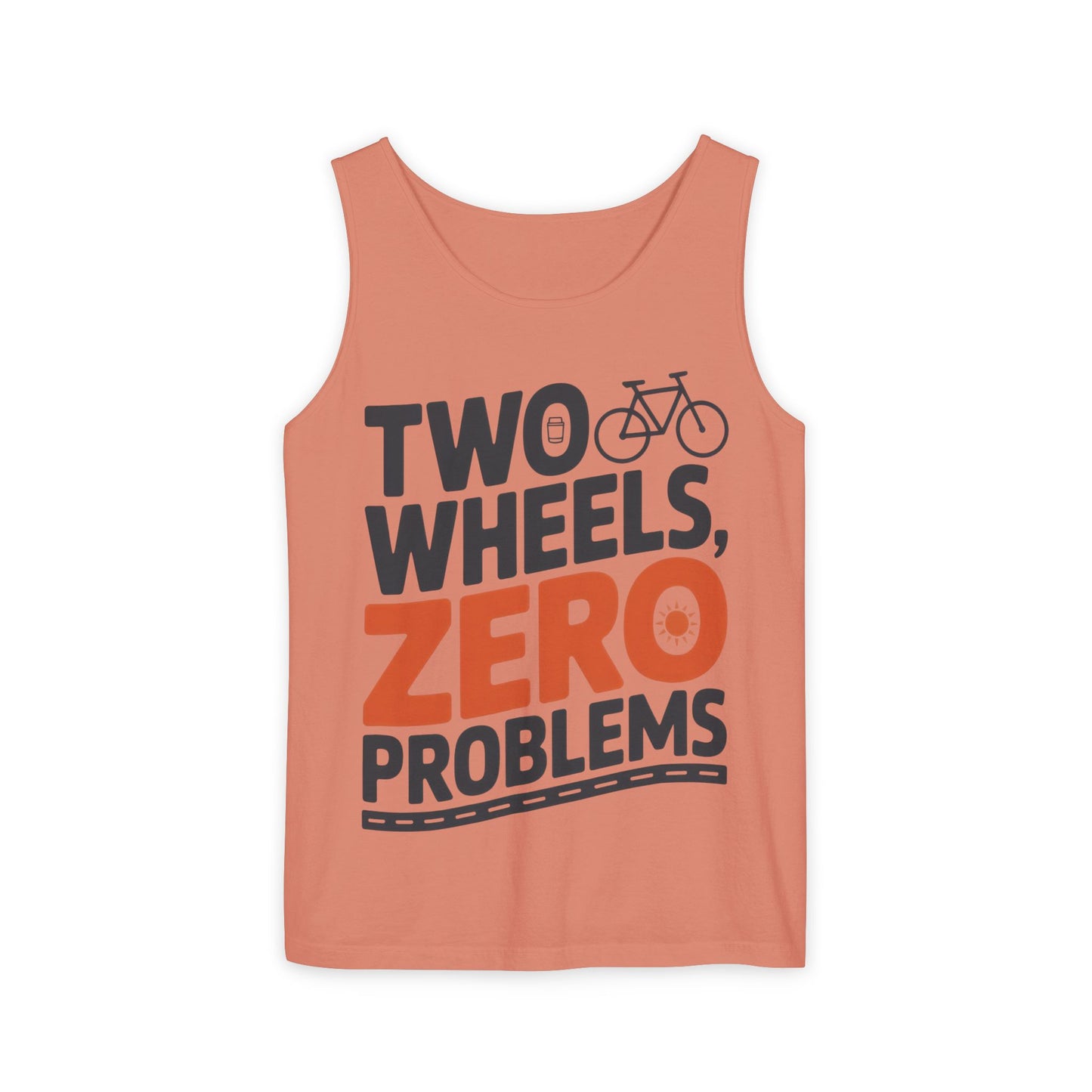 Mens Garment-Dyed Tank Top, Two Wheels Zero Problems Mens Cycling Graphic Tank, Gift for Cyclists