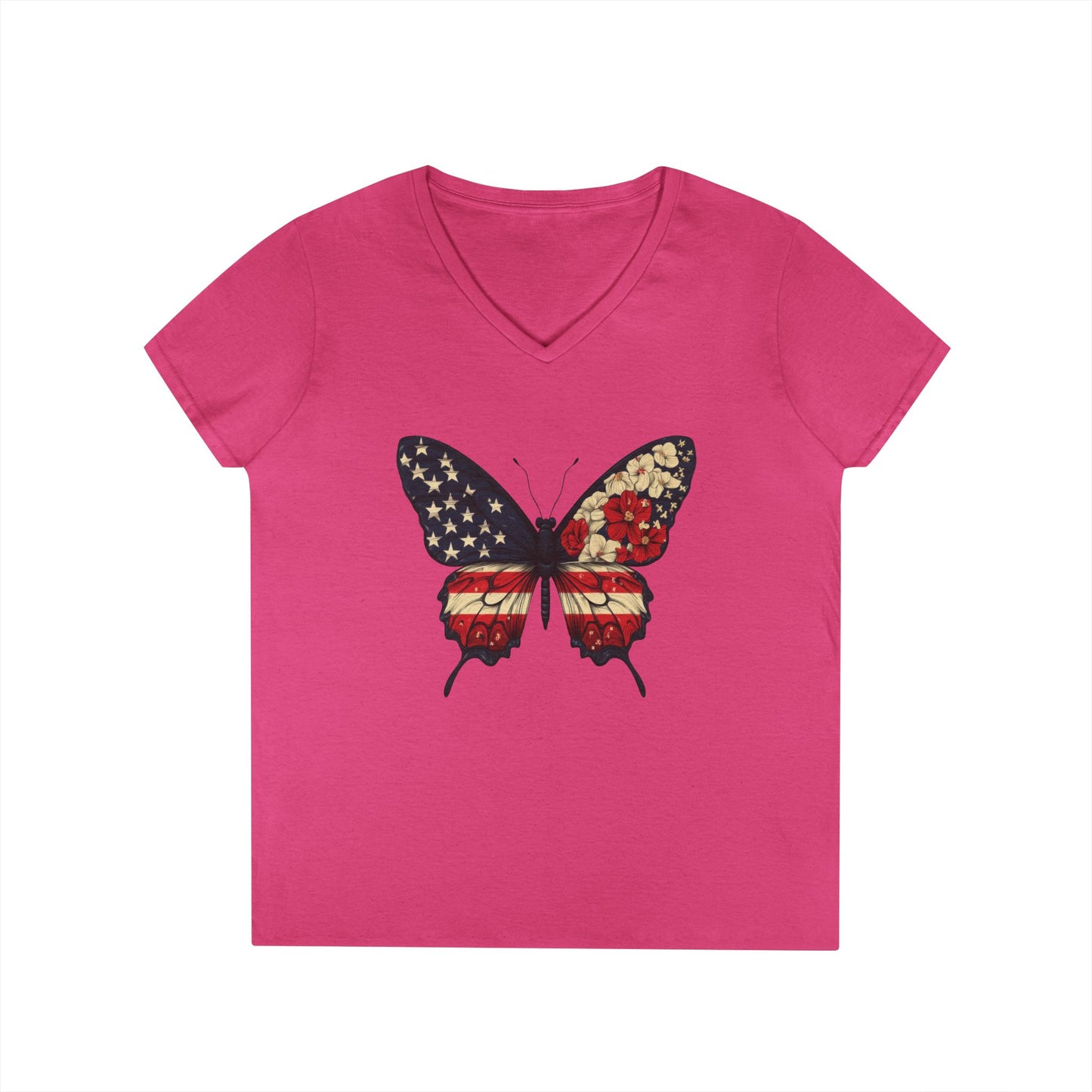 Patriotic Butterfly V-Neck T-Shirt, Summer Style, Gifts for Her, Independence Day, Casual Wear, Nature Lovers