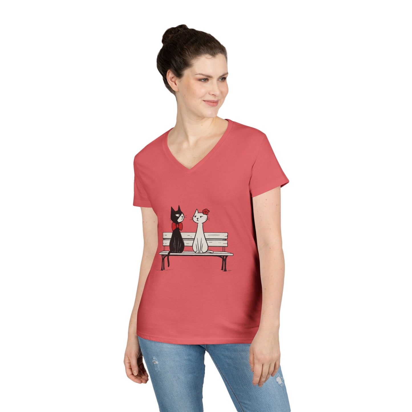 Cute Cat Lovers V-Neck T-Shirt, Casual Wear, Gift for Her, Pet Lovers, Best Friend Gift, Cute Cat Design, Valentine's Day, Cat Love