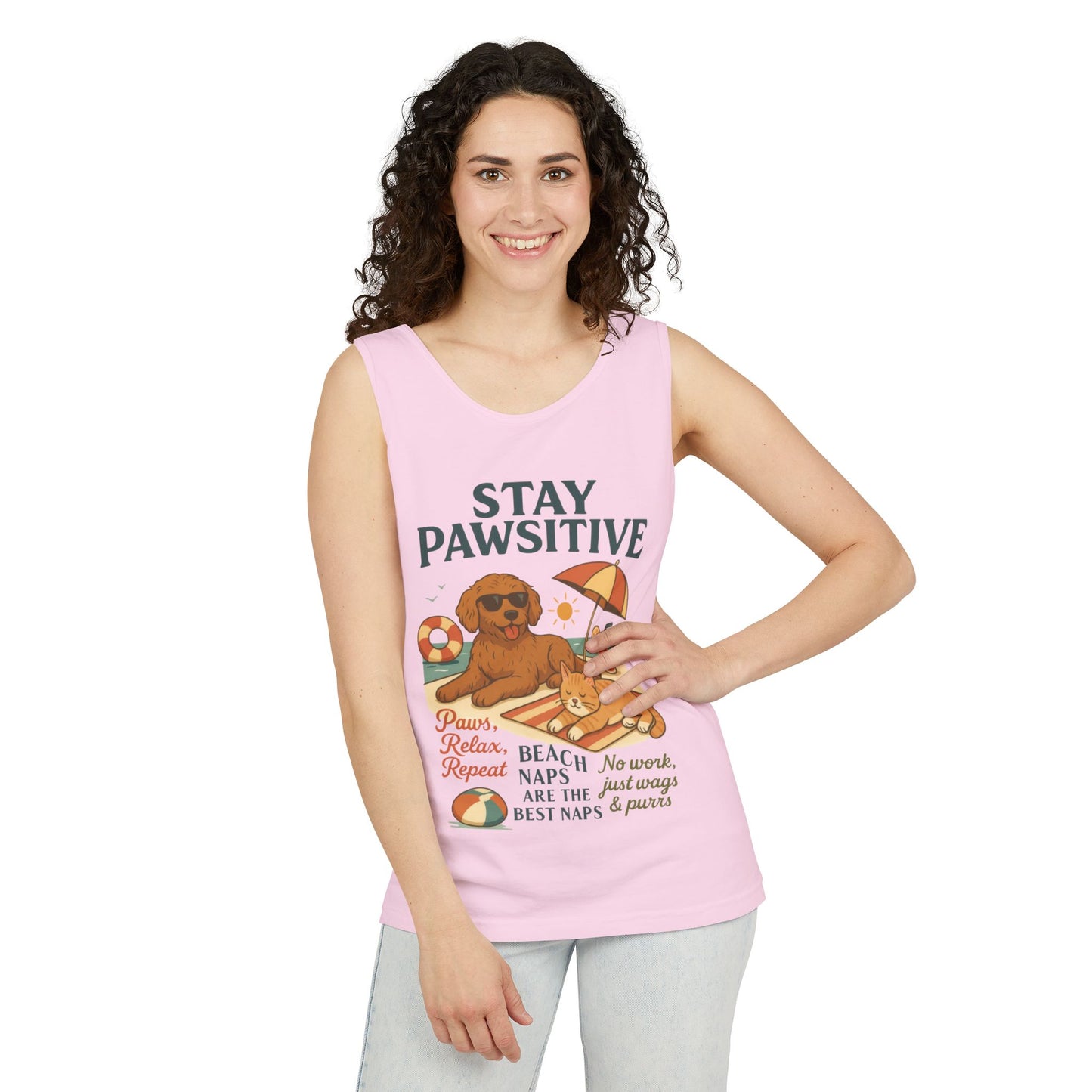Stay Pawsitive Womens Tank, Cute Dog & Cat Beach Tee, Summer Pet Lover Tee, Animal Graphic Heavy Cotton Tee, Fun Pet Lovers Gift, Summer Top