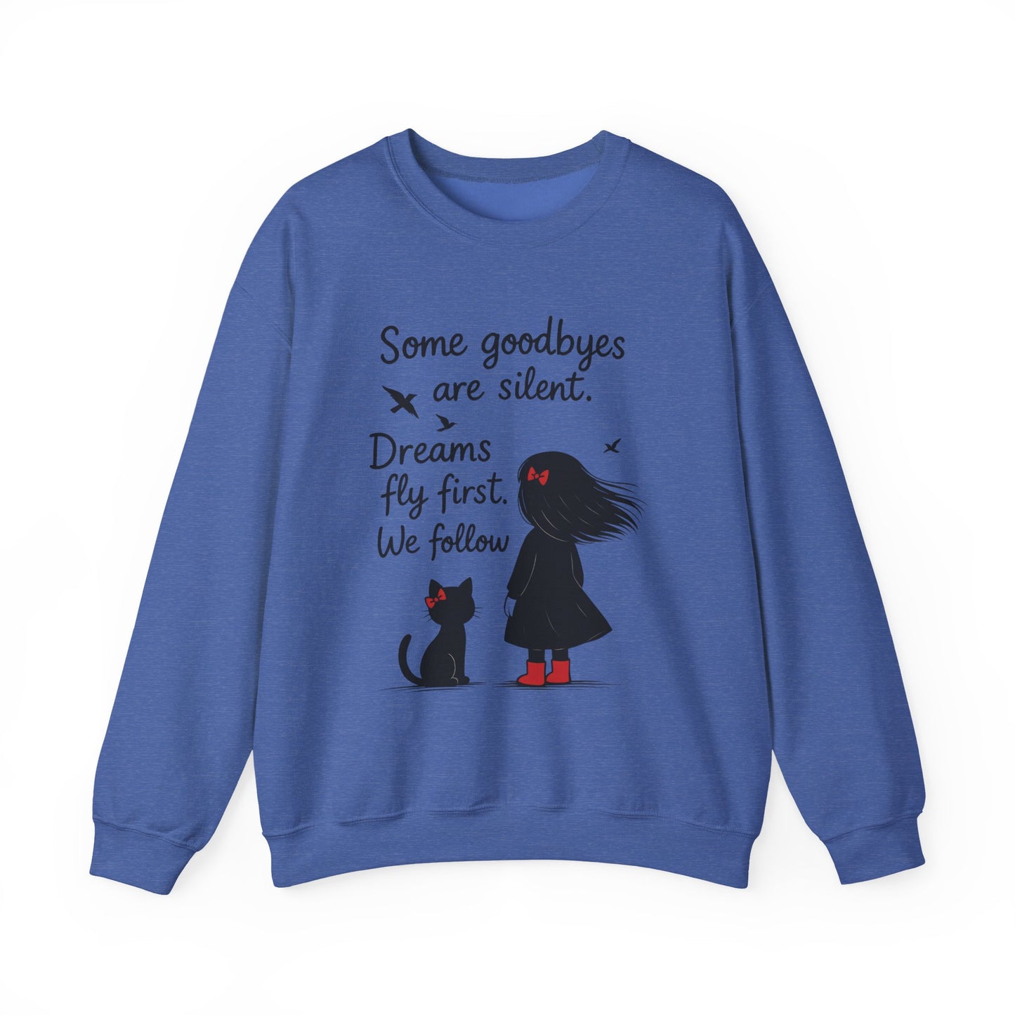 Cozy Farewell Girl & Cat Pullover, Hand Drawn Red Dress Art, Minimalist Womens Crewneck
