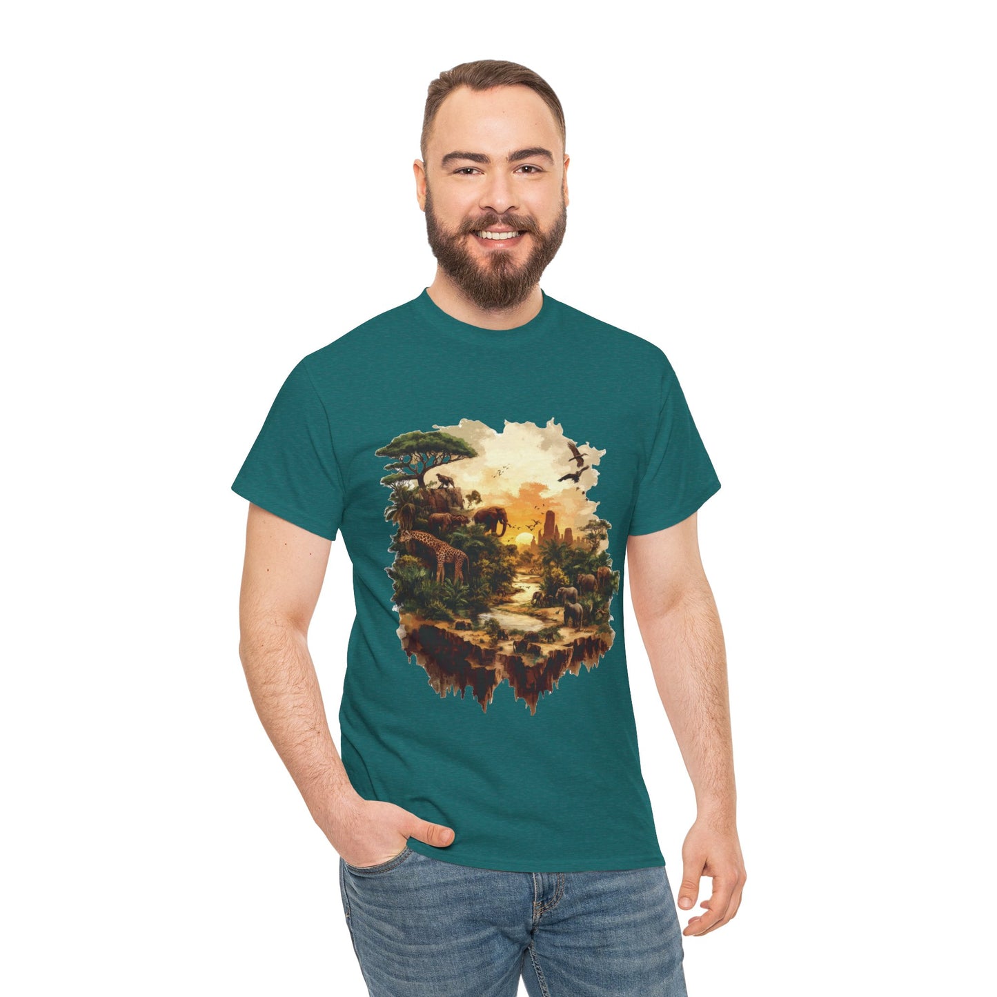 Safari Sunset Animal Print T-Shirt, Jungle Wildlife Graphic Tee , African Nature Unisex Heavy Cotton Shirt, Gift for Nature Lovers