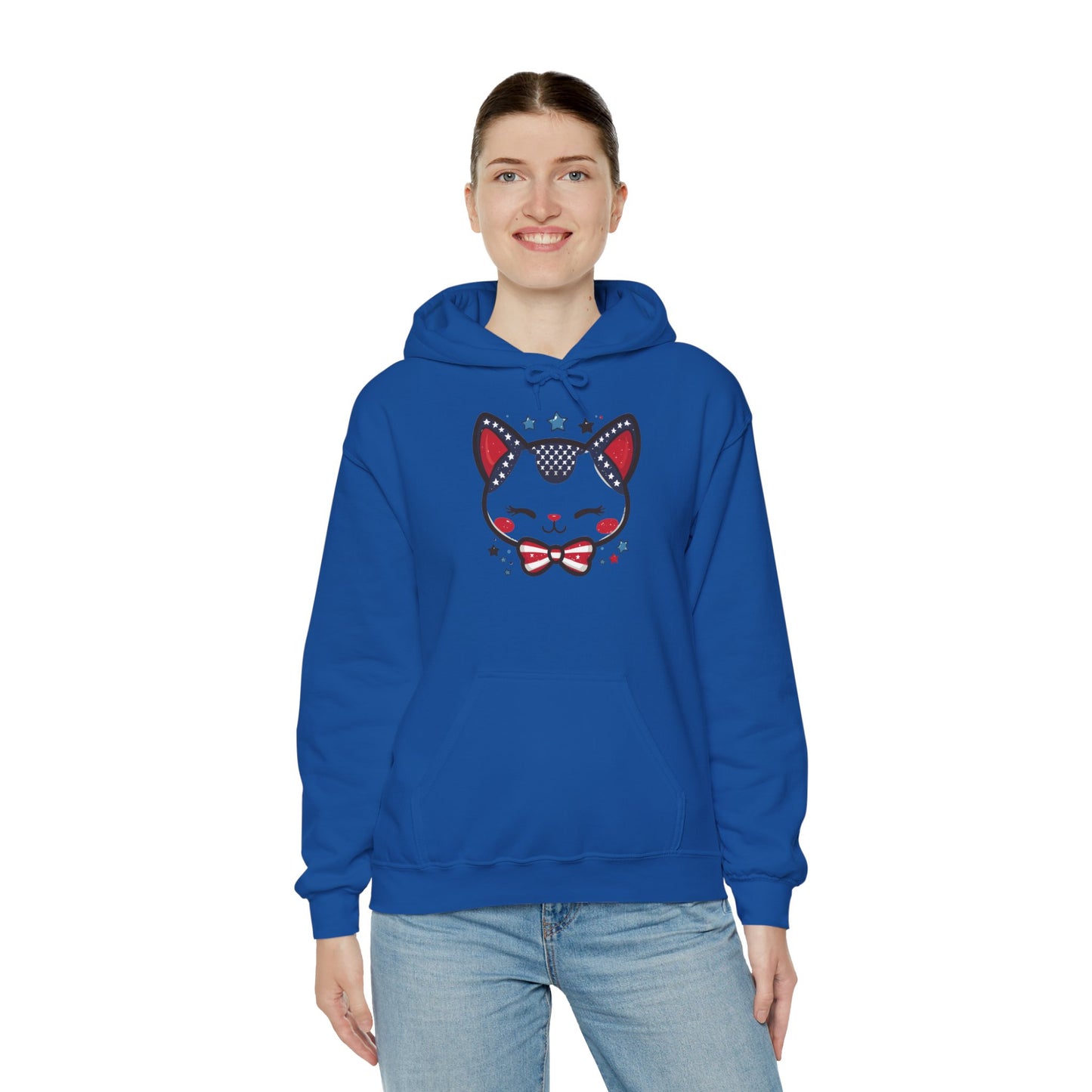 Cute Patriotic Cat -Themed Women's Hoodie, for Cat Lovers, Cute Gift for Pet Owners, Cozy Sweatshirt for All Seasons, Fourth of July Hoodie