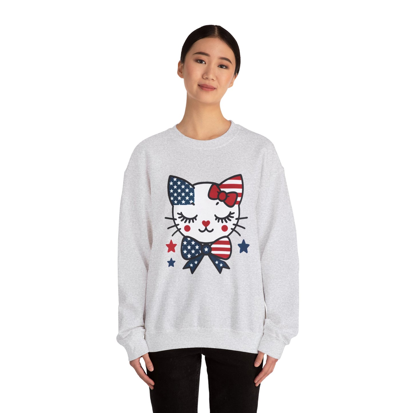Cute Cat American Flag Sweatshirt, Women's Crewneck, Perfect for 4th of July, Women's Casual Wear, Cat Lovers Gifts