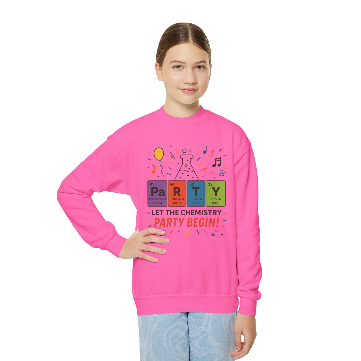 Fun Chemistry Party Youth Crewneck Sweatshirt, Gift for Science Lovers, Birthday Sweatshirt, Kids Party Apparel, Science-Themed Gift