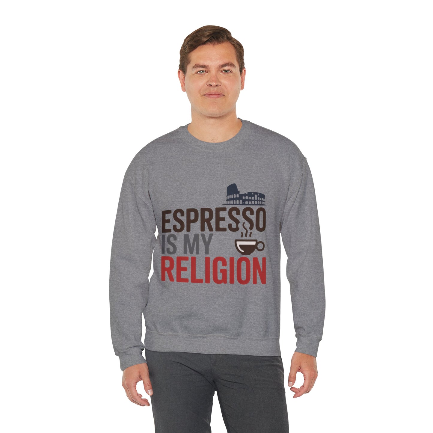 Mens Heavy Blend™ Crewneck Sweatshirt, Espresso Is My Religion Coffee Rome Mens Sweatshirt, Barista Gift, Coffee Lover Gift