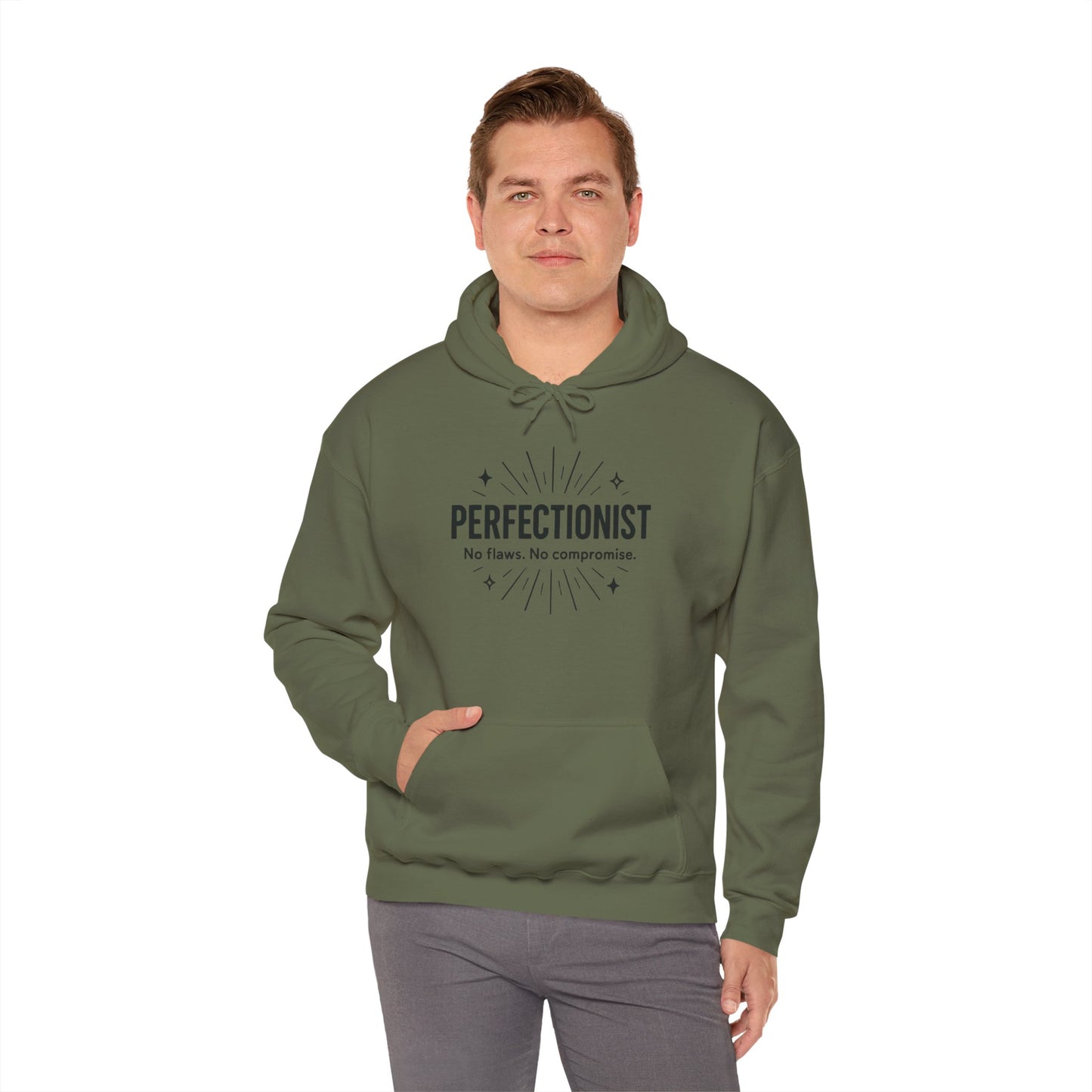 Mens Perfectionist Hoodie, No Flaws No Compromise Sweatshirt, Clean Bold Motivational Pullover, OCD Inspired Gift for Him