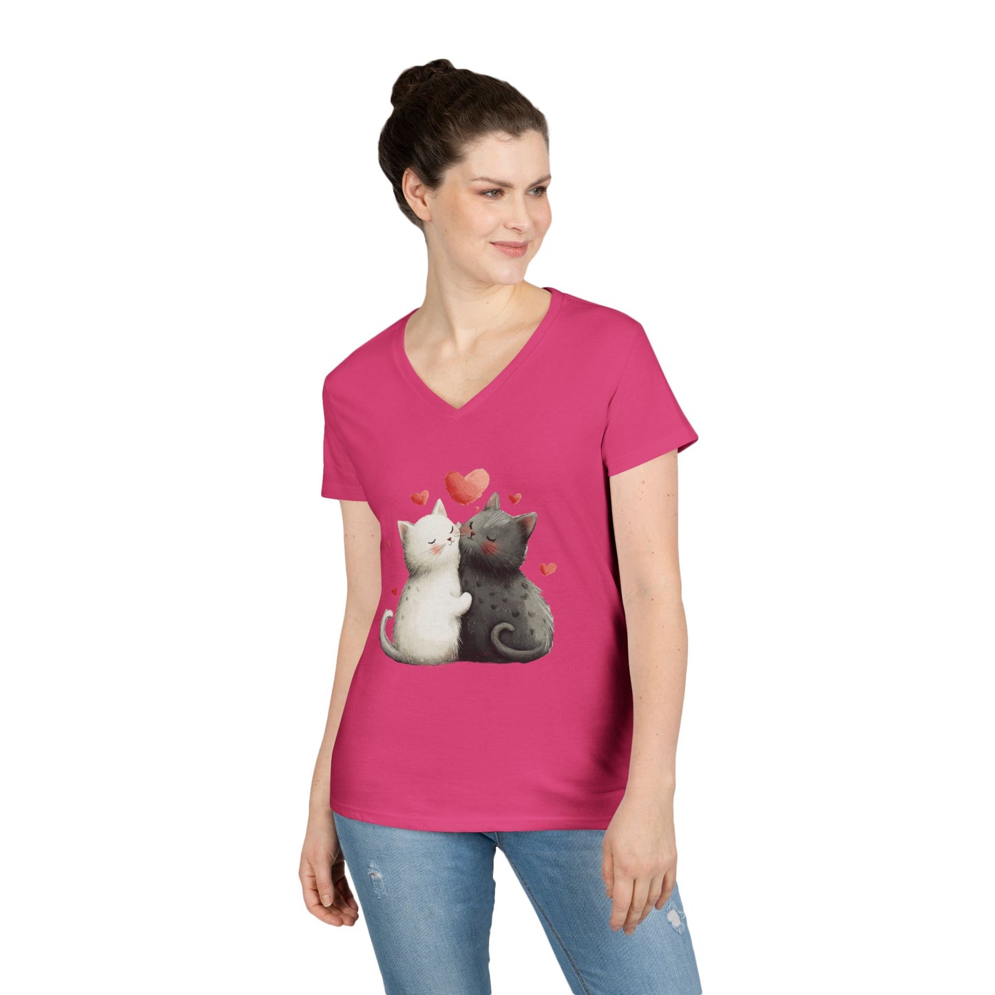 Cute Cat Love V-Neck T-Shirt, Animal Lover Gift, Valentine's Day Shirt, Cat Mom Gift, Cute Graphic Tee