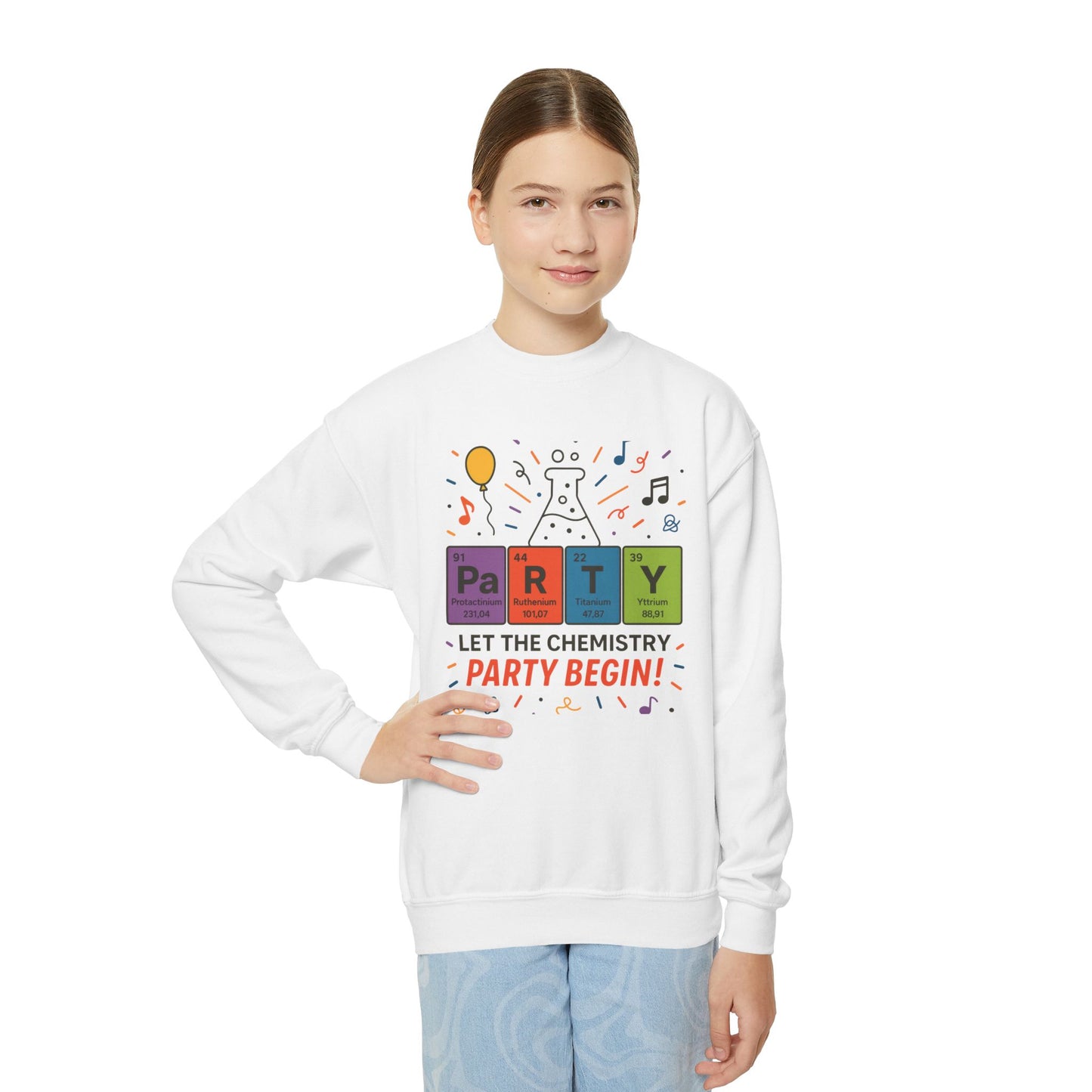 Fun Chemistry Party Youth Crewneck Sweatshirt, Gift for Science Lovers, Birthday Sweatshirt, Kids Party Apparel, Science-Themed Gift