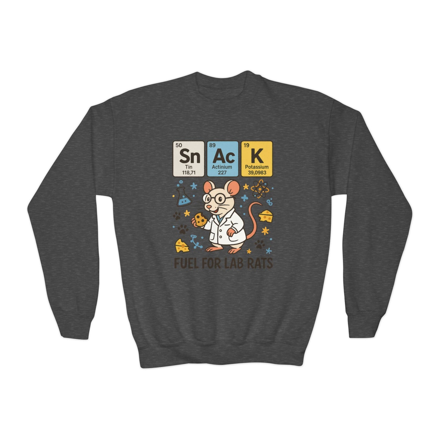 Youth Crewneck Sweatshirt - Fuel for Lab Rats, Cute Science Gift, Adorable Sweatshirt for Kids, Science Enthusiasts, Lab Rat Love