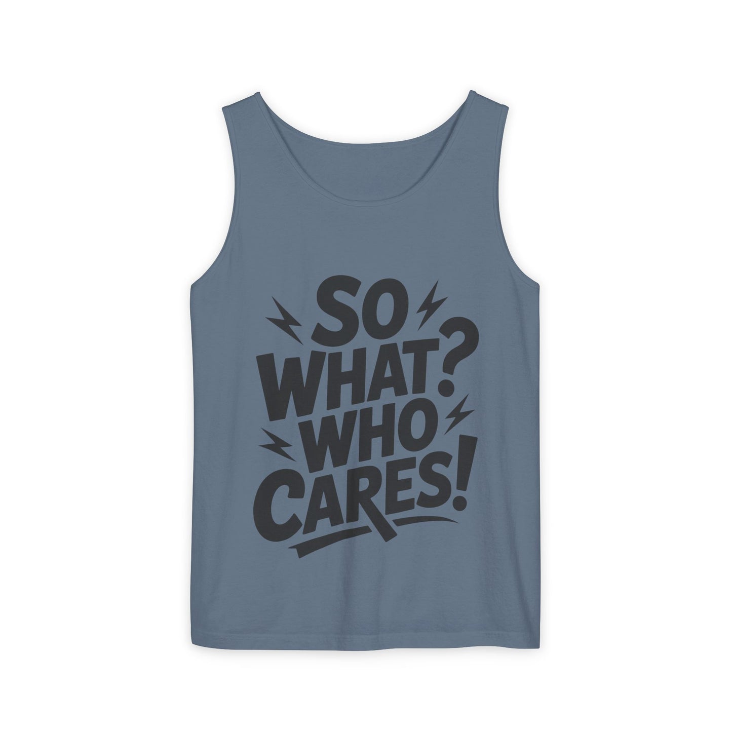 Mens Tank Top, "So What? Who Cares!", Casual Summer Wear, Beach Trip, Festival Outfit, Lightning Print, Sarcastic Summer Tee, Gym Tank