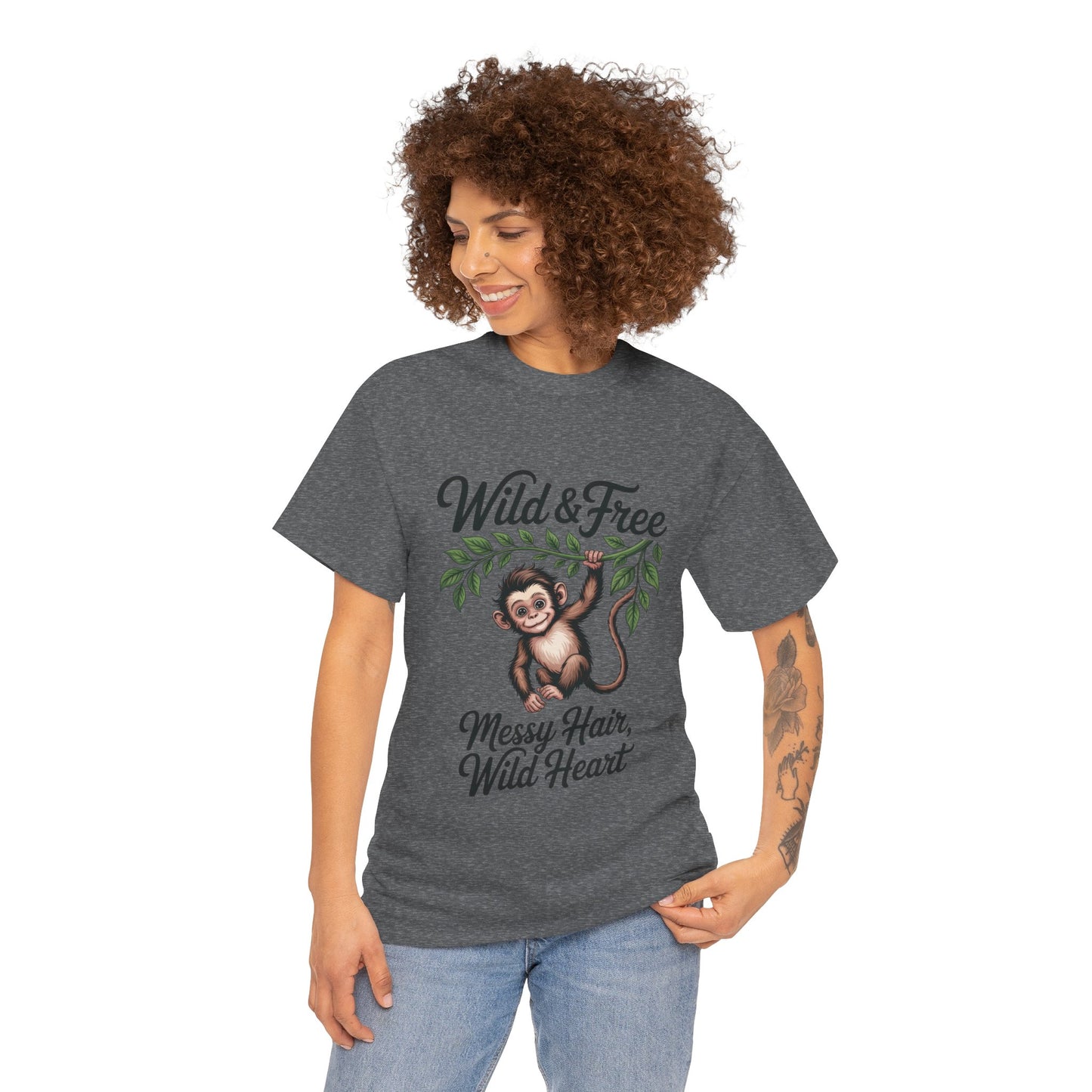 Wild & Free Monkey Shirt, Messy Hair Wild Heart Womens Tee, Cute Jungle Animal T-Shirt, Boho Adventure Graphic, Fun Nature Lover Gift