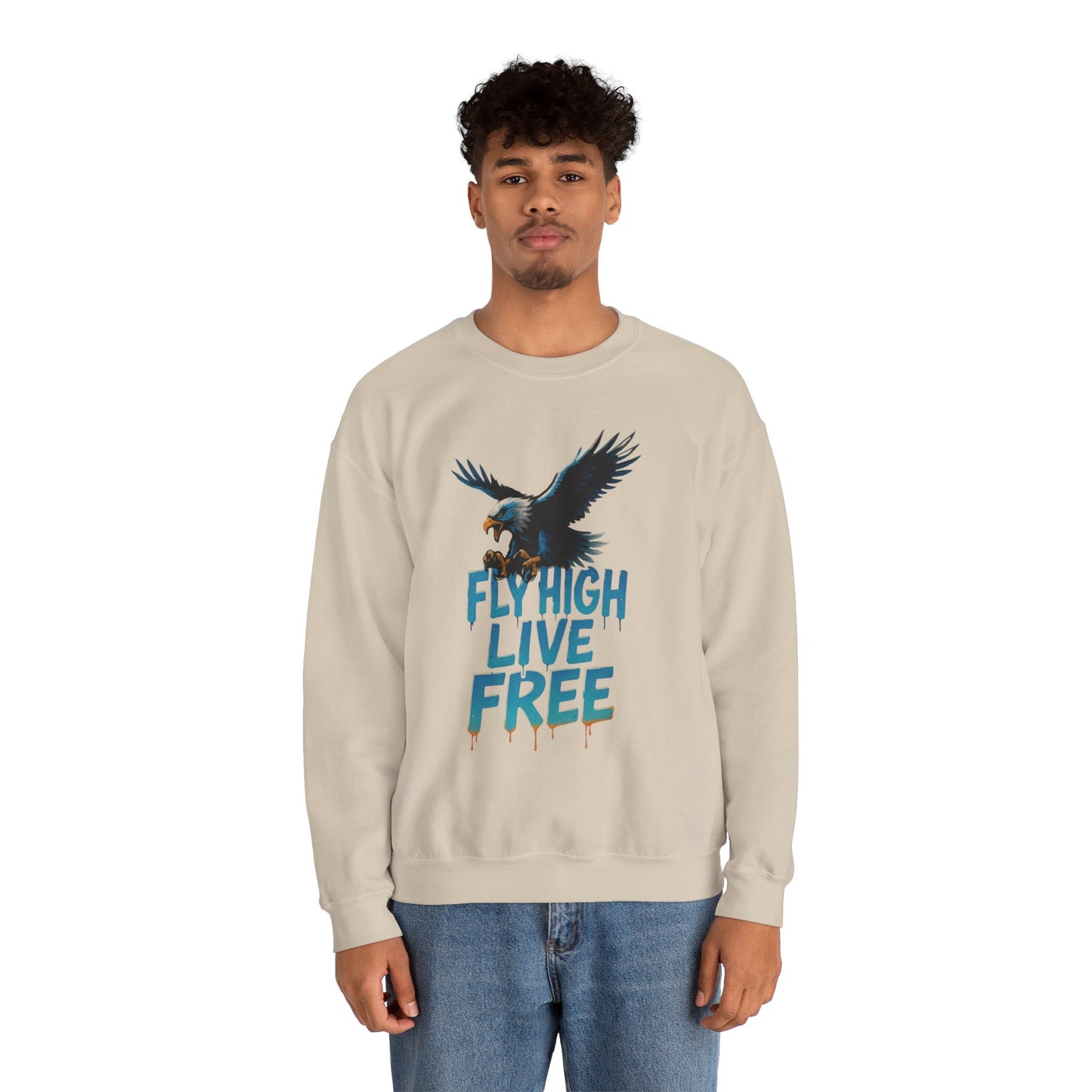 Mens Heavy Blend™ Crewneck Sweatshirt, Fly High Live Free Mens Eagle Graphic Sweatshirt