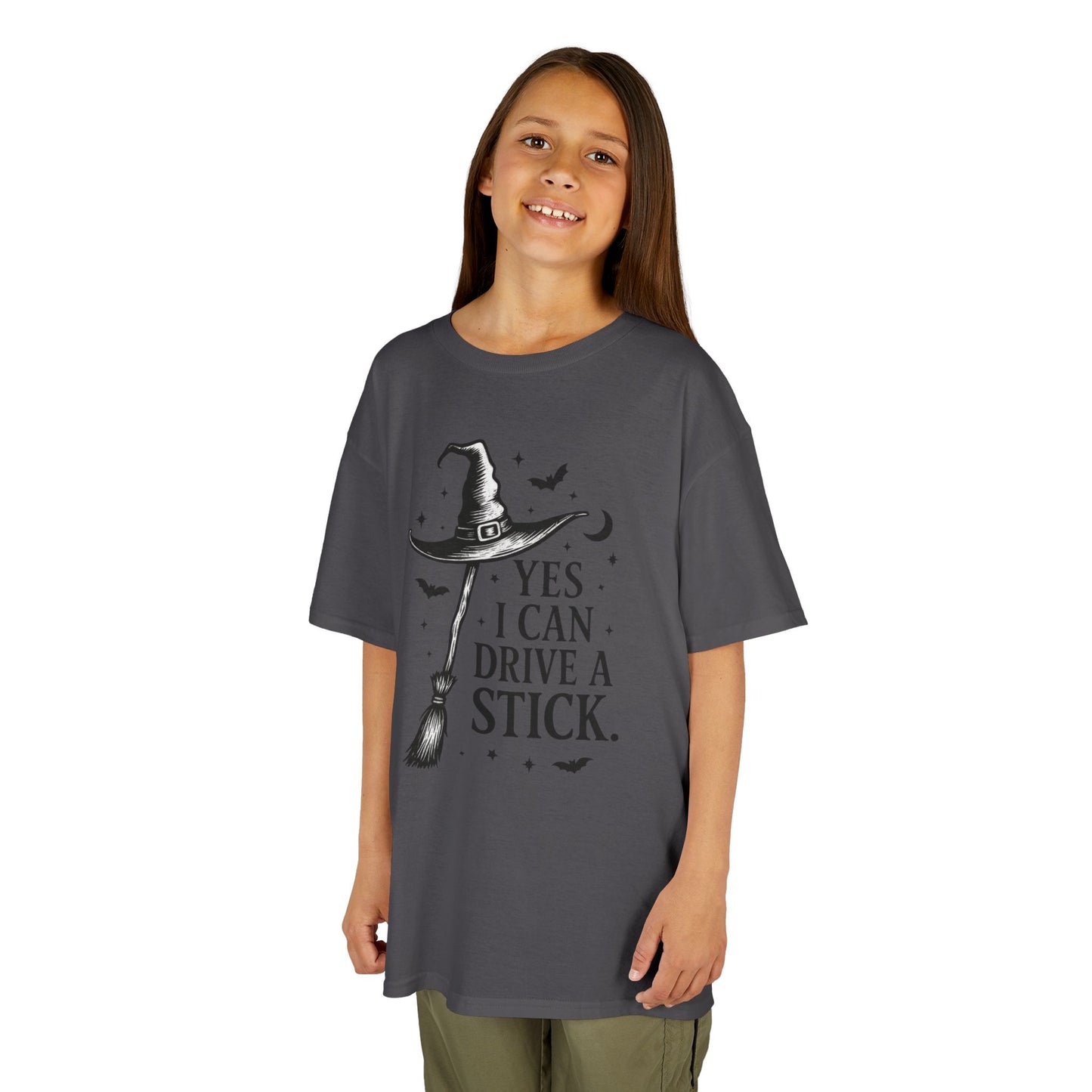 Yes I Can Drive a Stick Girls Witch T-Shirt, Cute Halloween Shirt for Kids, Girls Halloween Tee