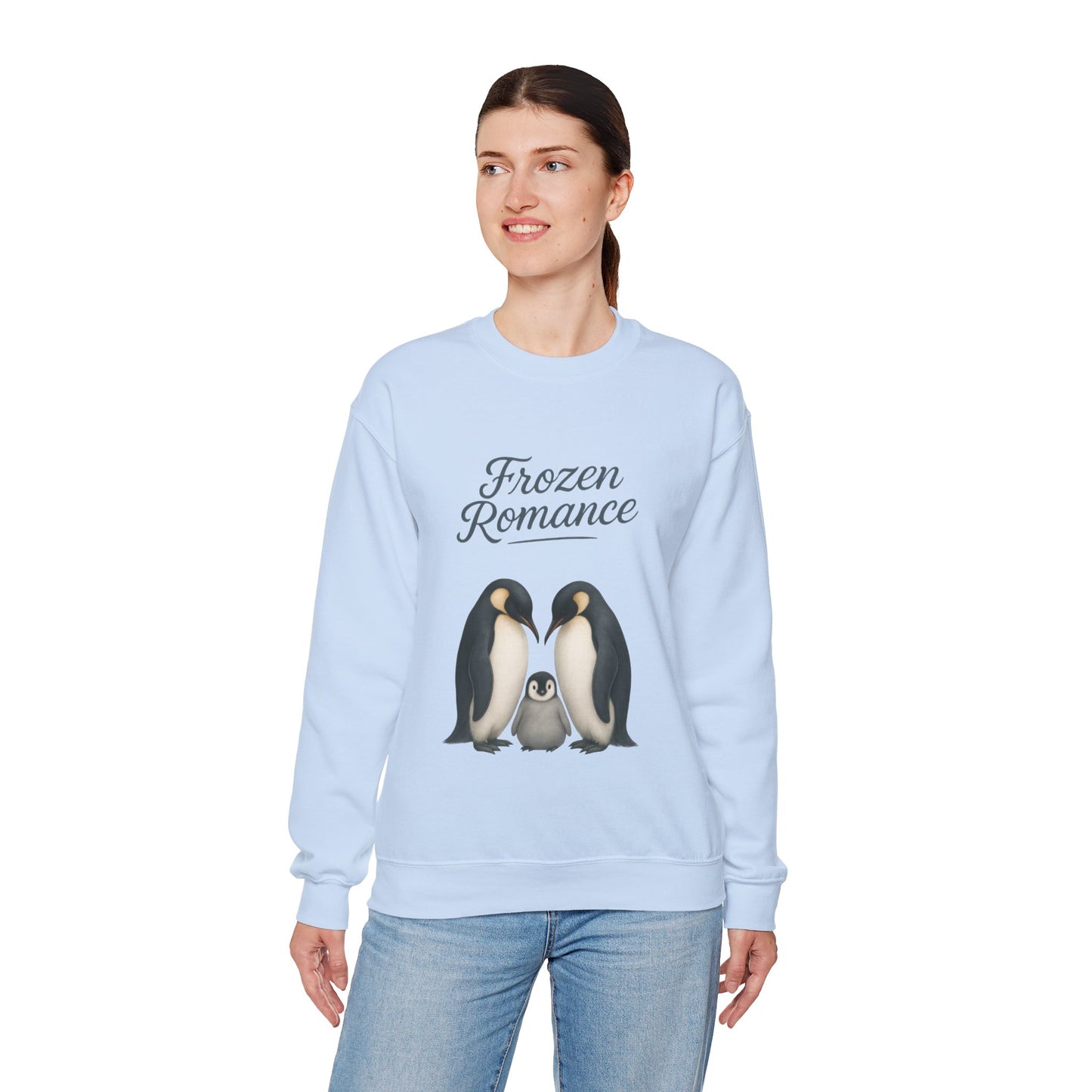 Womens Heavy Blend™ Crewneck Sweatshirt, Womens Frozen Romance Penguin Sweatshirt, Cute Animal Pullover, Romantic Graphic Top