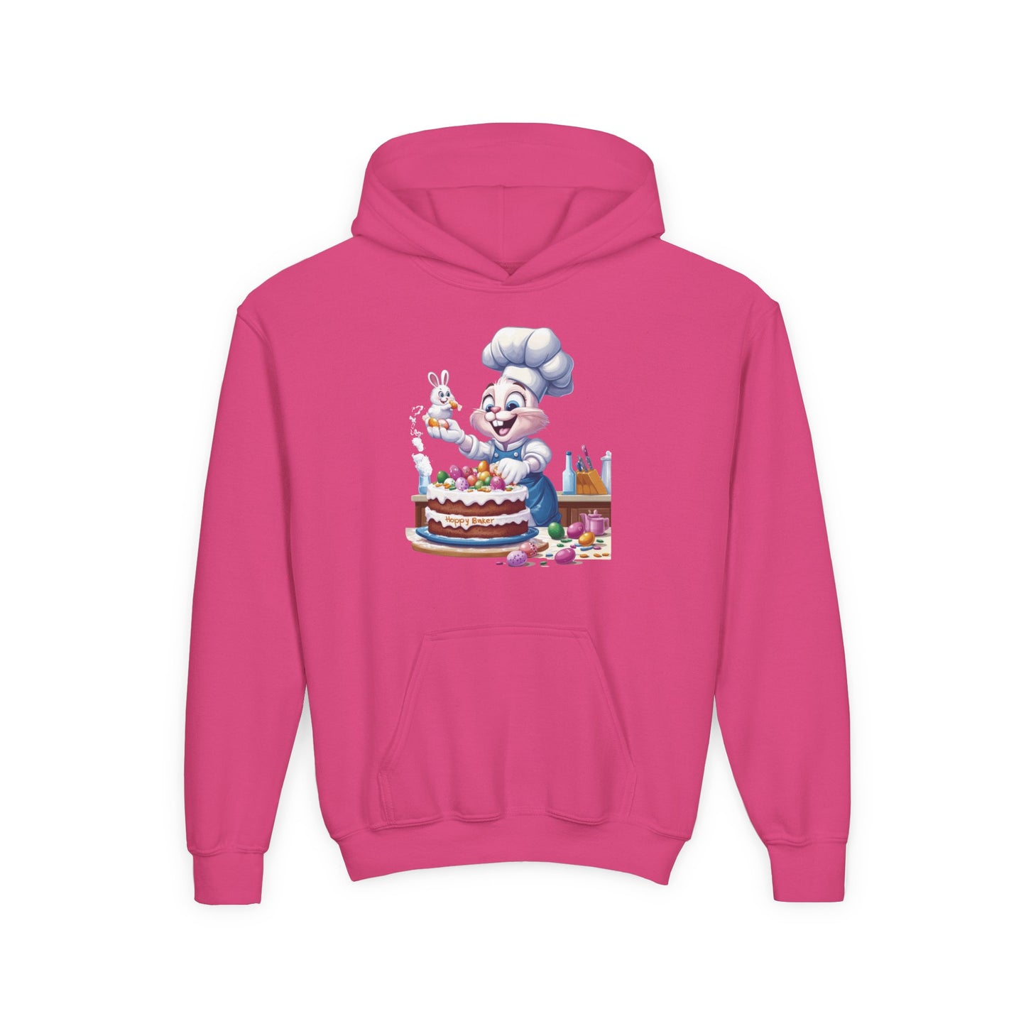 Hoppy Baker Easter Bunny Kids Hoodie - Cute Chef Bunny with Cake Design, Fun Spring Sweatshirt, Colorful Holiday Gift for Children