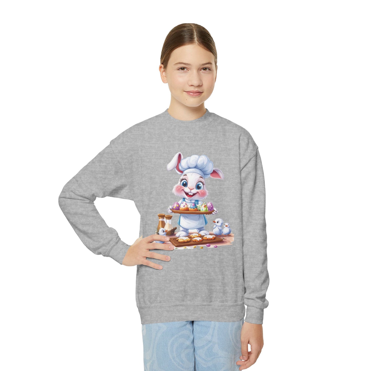 Easter Bunny Baker Youth Sweatshirt, Easter Gift, Kids Sweater, Cute Rabbit Design with Eggs, Spring Fashion, Easter Outfit for Kids