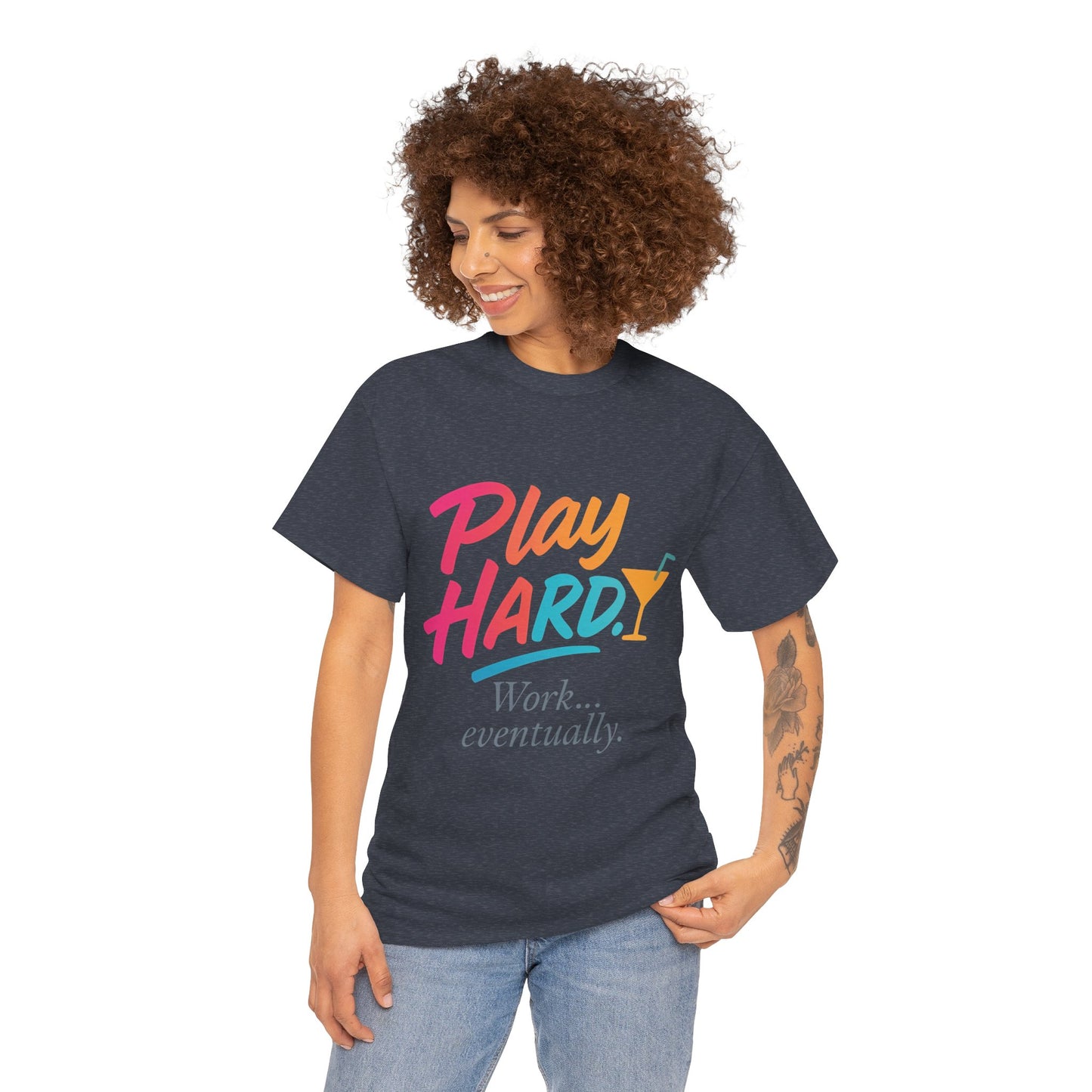 Play Hard Work Eventually T-Shirt, Funny Cocktail Graphic Tee, Pink Womens Party Shirt, Relaxed Vacation Top