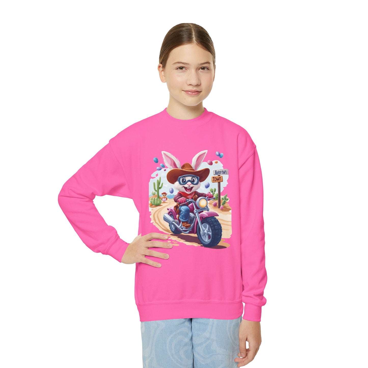 Biker Bunny Youth Sweatshirt - Fun Easter Bunny Riding Motorcycle, Cute Spring Gift for Kids, Playful Holiday Crewneck for Boys & Girls