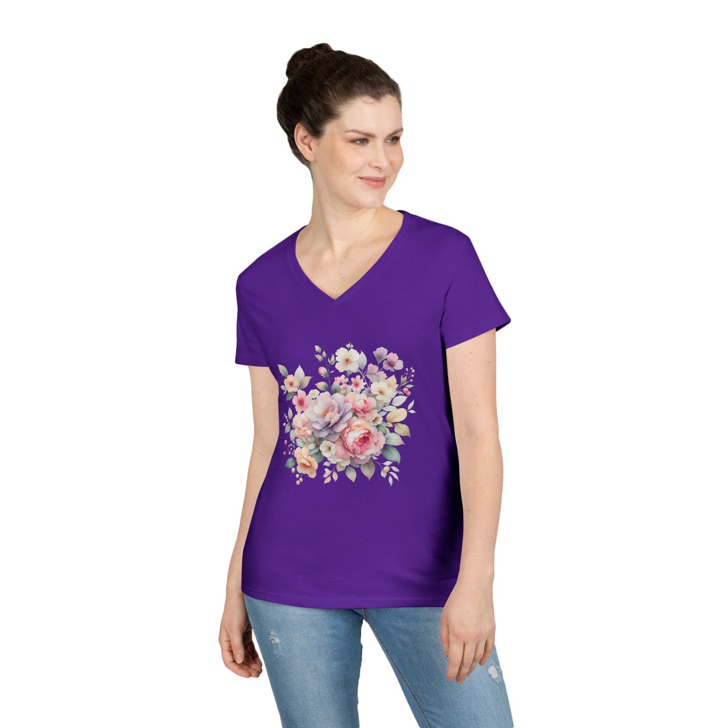 Pastel Floral Bouquet Ladies' V-Neck T-Shirt, Romantic Soft Vintage Flower Tee, Spring Fashion, Gift for Her, Everyday Wear