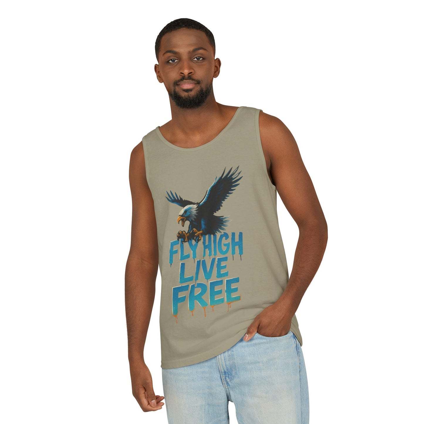 Mens Garment-Dyed Tank Top, Fly High Live Free Eagle Mens Tank Top Gym Wear