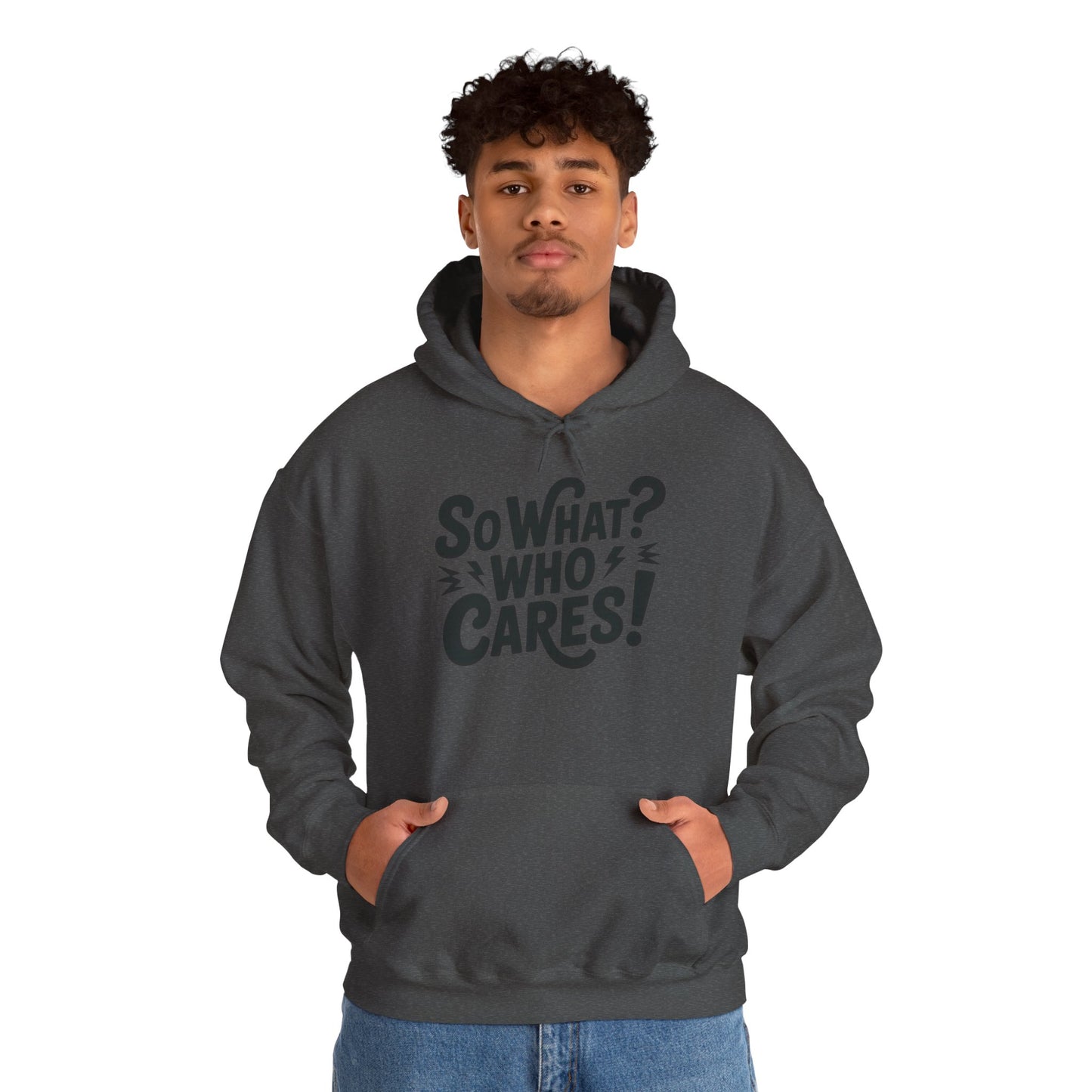 So What? Who Cares! Funny Mens Hoodie, Bold Statement Design, Lightning Graphic Pullover, Rebellious Urban Humor, Funny Streetwear