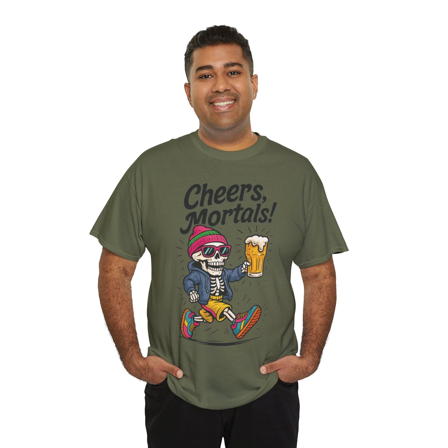 Cheers, Mortals! Mens Tee, Funny Skeleton Beer Graphic Tee, Cool Drinking Humor Shirt, Party Gift for Him, Halloween Tee, Beer Lovers Gift