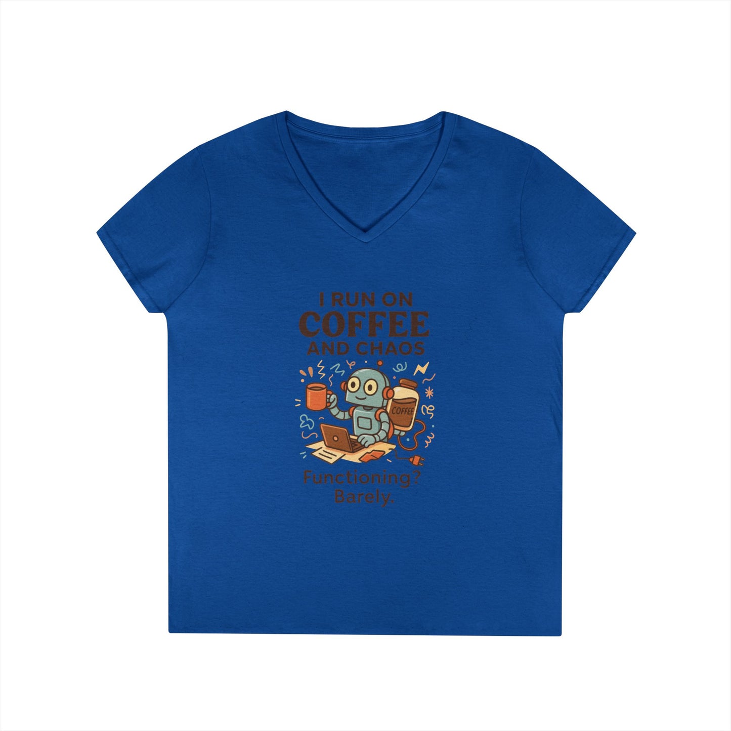 Funny Coffee and Chaos Ladies' V-Neck T-Shirt, Gift for Coffee Lovers, Quirky Tee, Casual Wear, Unique Humor Shirt, Work from Home Humor Tee