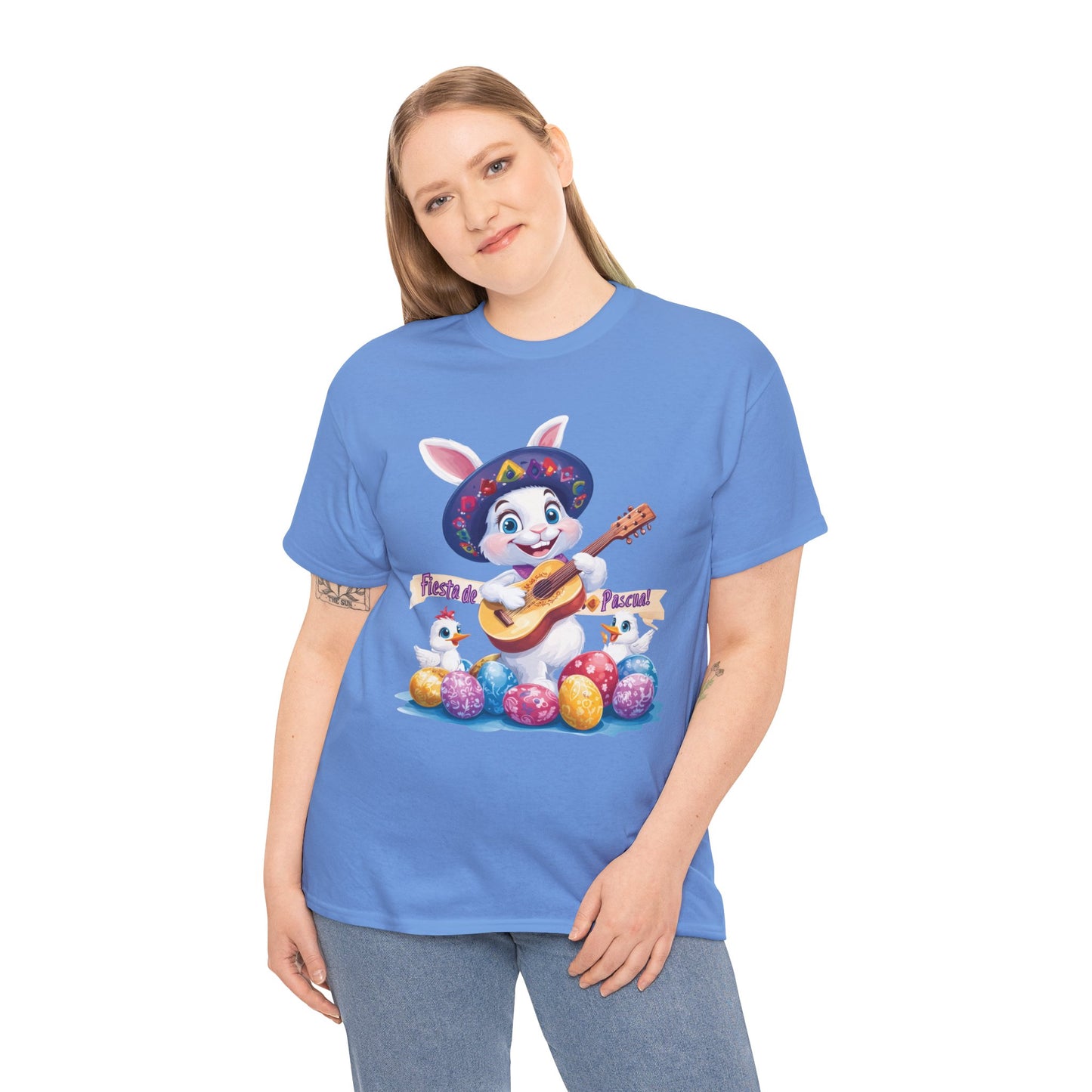 Fiesta de Pascua Bunny Shirt, Funny Easter Rabbit Playing Guitar Tee, Colorful Unisex Heavy Cotton T-Shirt, Cute Holiday Celebration Gift