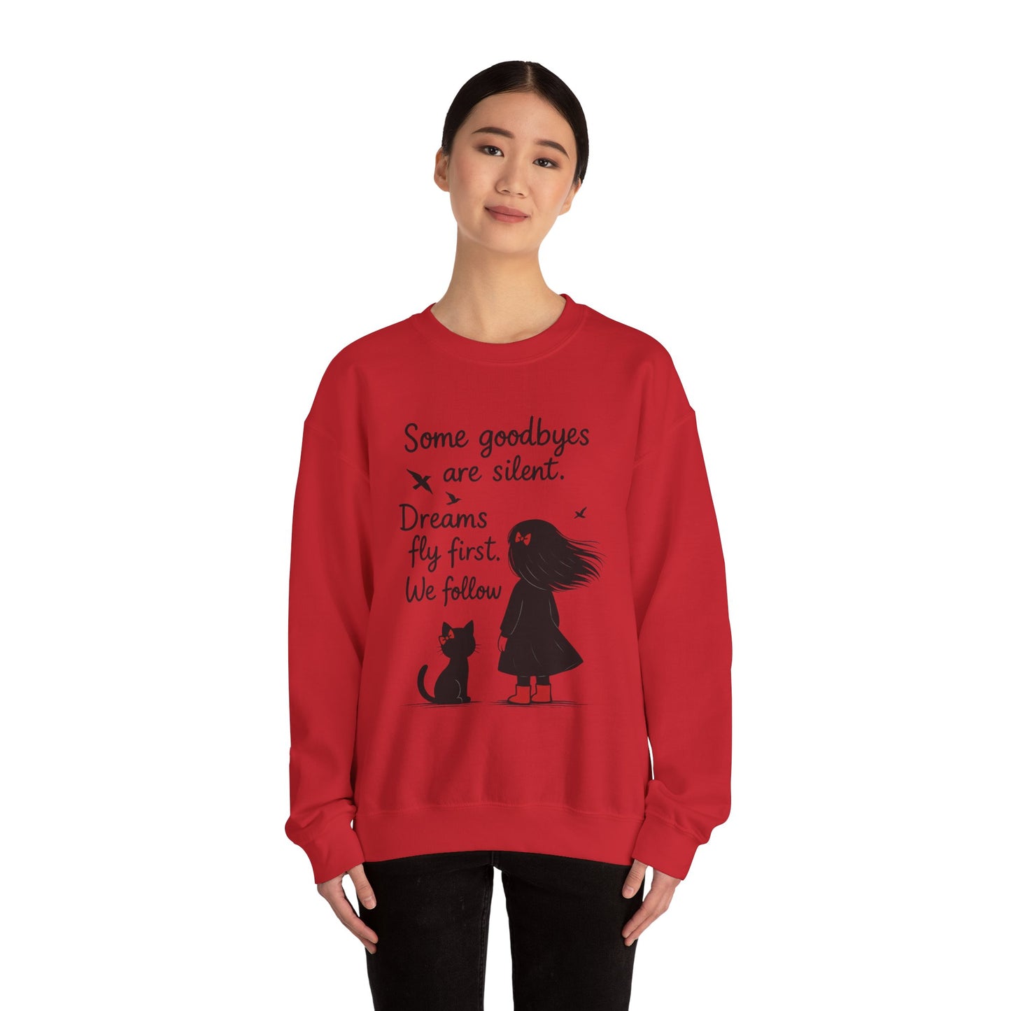 Cozy Farewell Girl & Cat Pullover, Hand Drawn Red Dress Art, Minimalist Womens Crewneck