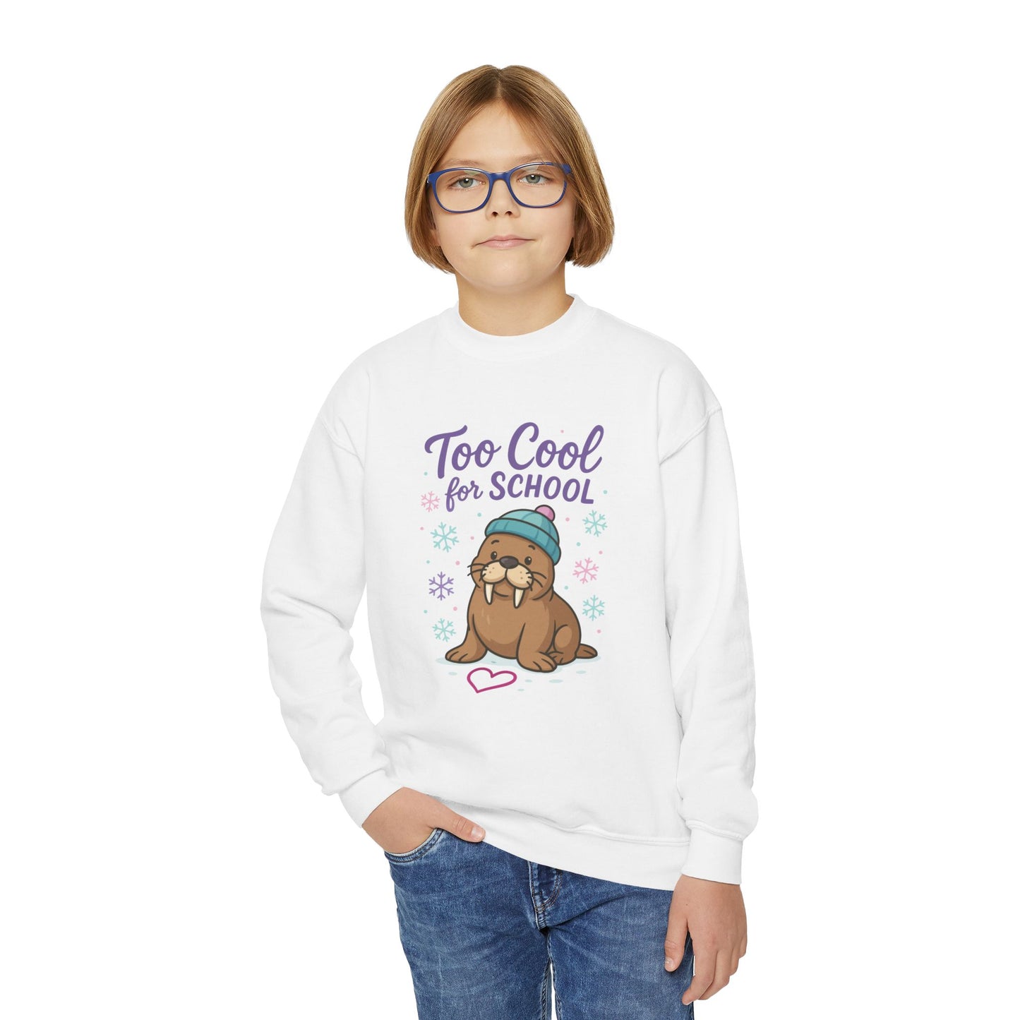 Youth Crewneck Sweatshirt, Kids Too Cool for School Walrus Sweatshirt, Funny Animal Pullover, Cute Winter Top