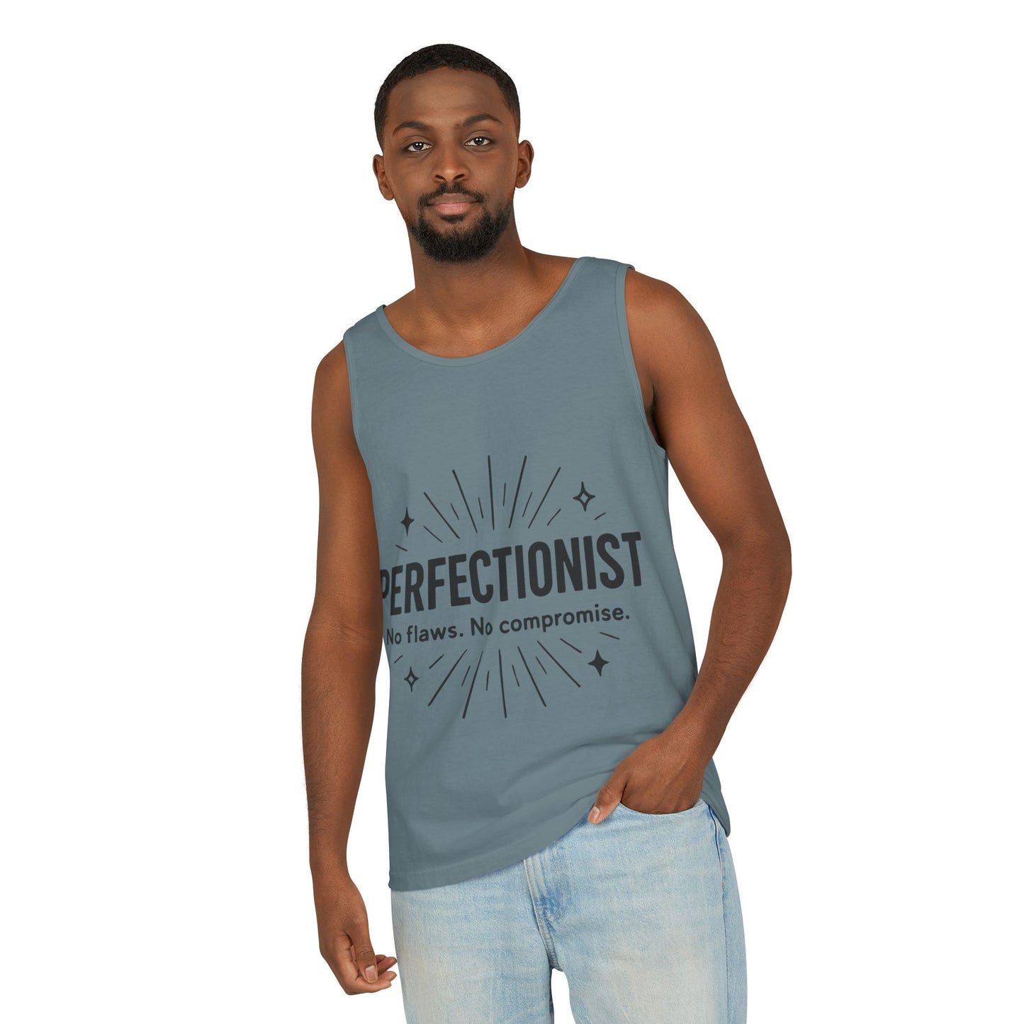 Mens Perfectionist Tank Top, No Flaws No Compromise, Minimal Bold Graphic Tee, Gift for OCD, Clean Freak, or Detail-Oriented Men