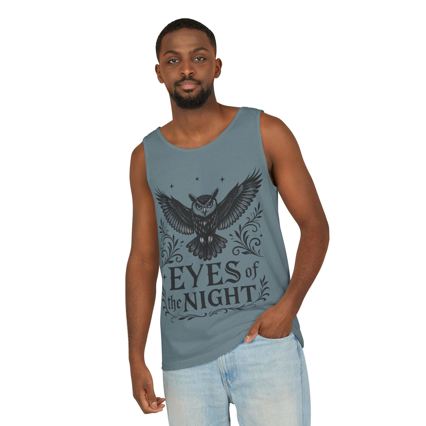 Eyes of the Night Owl Tank Top, Mens Summer Wear, Boho Aesthetic, Festival Outfit, Nature Lover Gift, Halloween Apparel