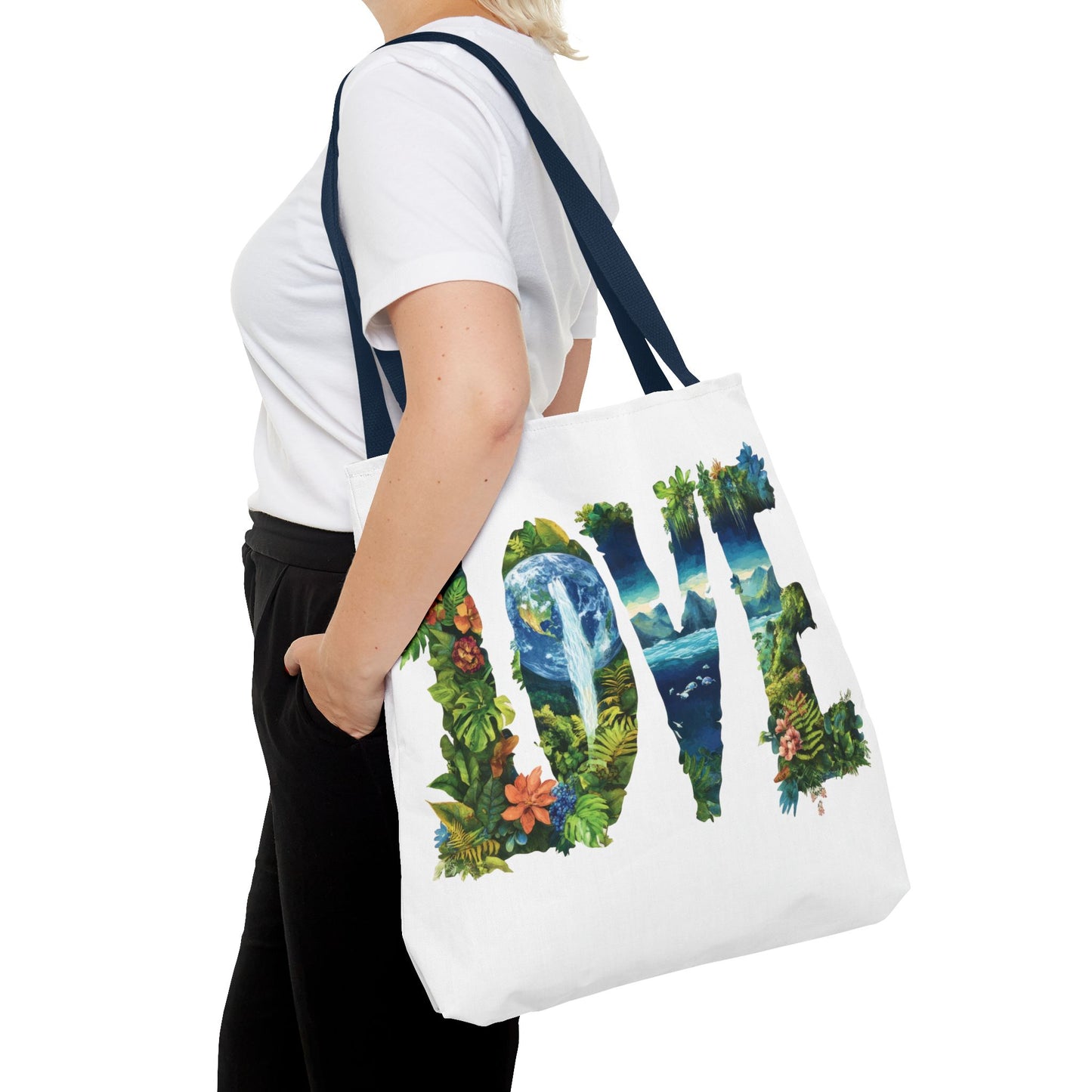 Earth Day LOVE Tote Bag, Eco Friendly Nature Art Bag, Sustainable Planet Message, Floral Tote, Shopping Bag, Beach Bag, Large Canvas Bag