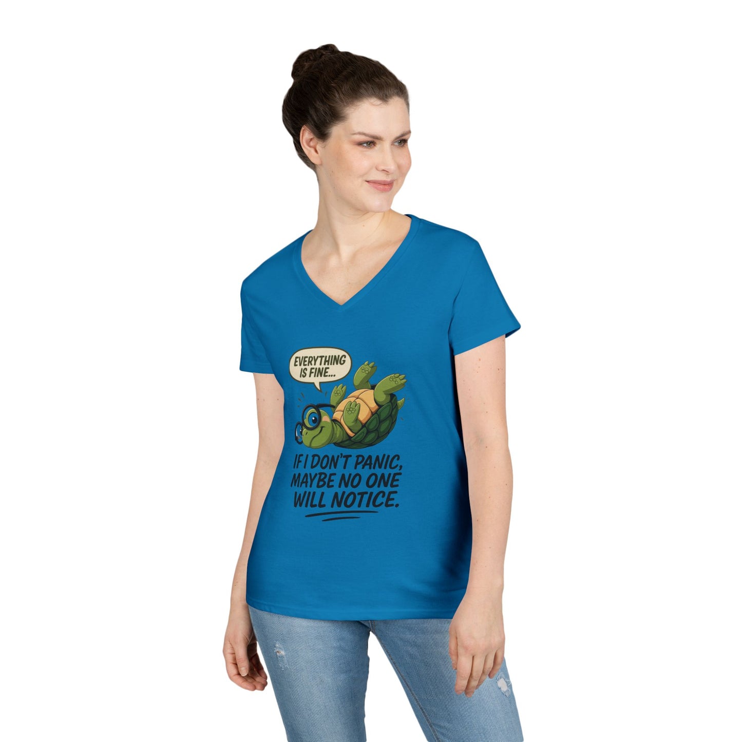 Cute & Comfy Turtle V-Neck T-Shirt, Everything is fine.. design, Gift for Animal Lovers, Casual Wear, Fun Quotes, Positive message tee