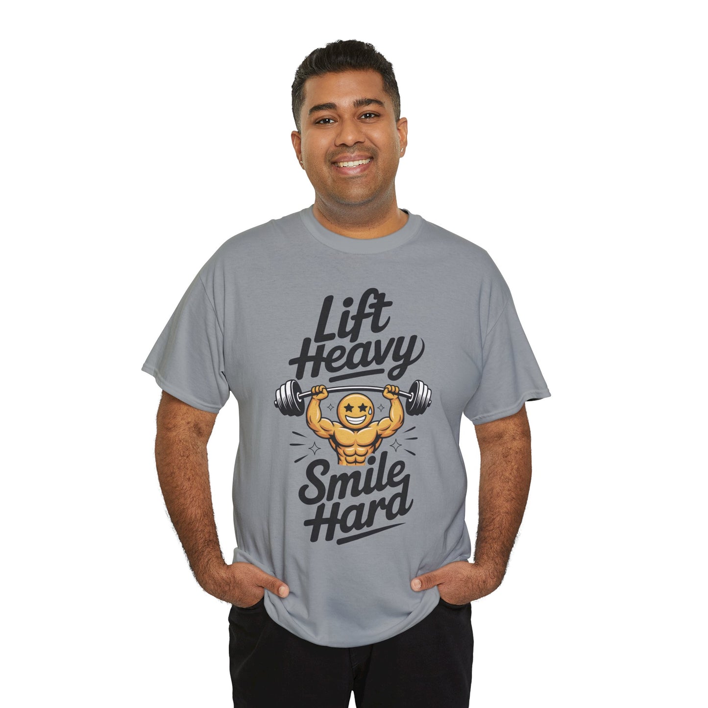 Mens Lift Heavy Smile Hard T-Shirt, Funny Gym Workout Graphic Tee, Mens Gym Tshirt