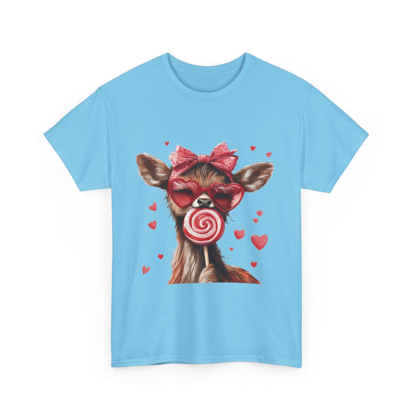 Cute Deer with Heart Glasses and Lollipop, Valentine's Day Heavy Cotton Tee, Fun Animal Love Shirt Gift for Her, Animal Lovers Shirt