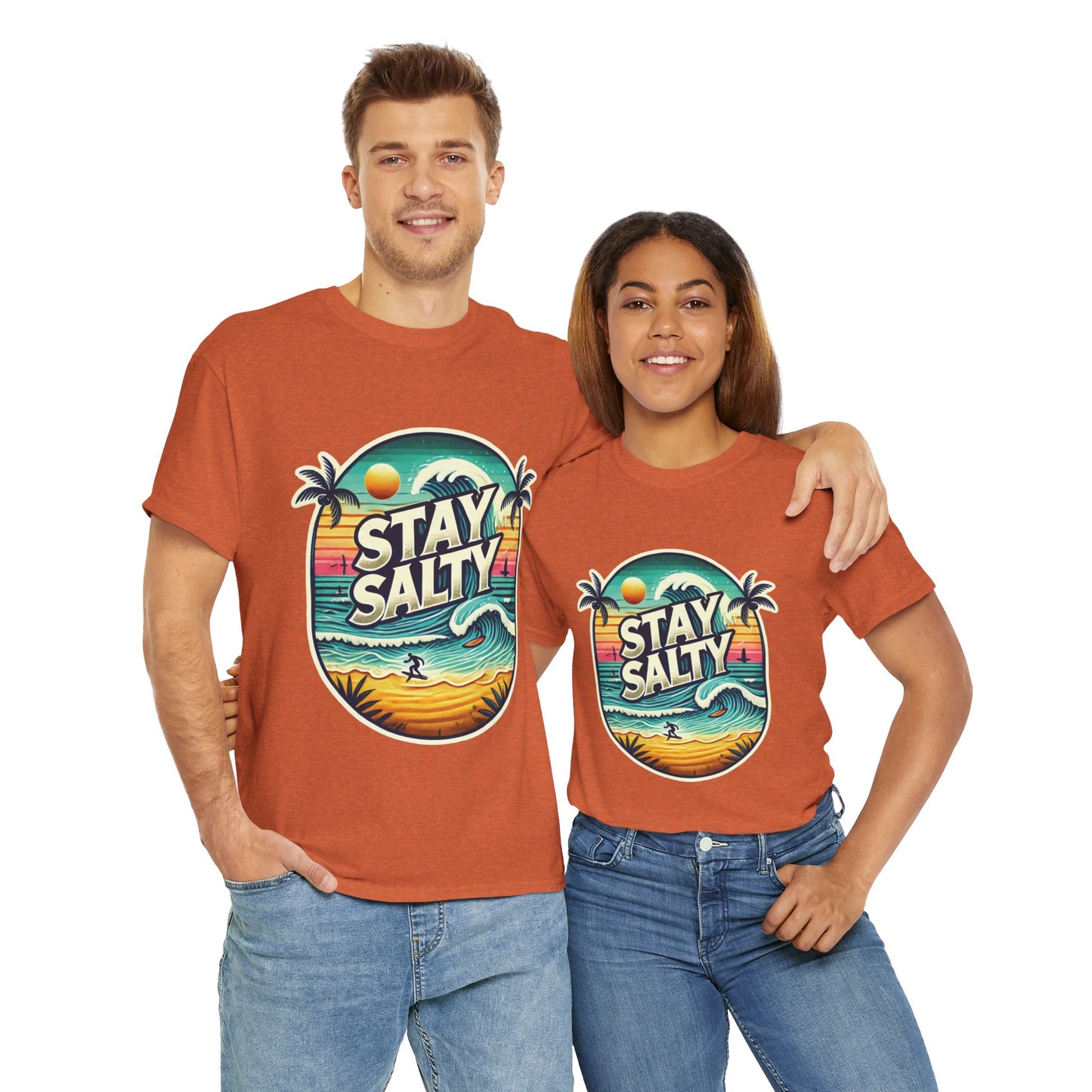 Stay Salty Retro Surf Unisex Heavy Cotton Tee, Vintage Beach Sunset Graphic T-Shirt, Summer Ocean Wave Surfer Shirt, Ocean Lover Gift