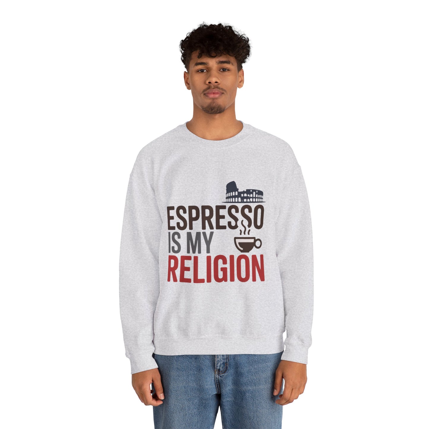 Mens Heavy Blend™ Crewneck Sweatshirt, Espresso Is My Religion Coffee Rome Mens Sweatshirt, Barista Gift, Coffee Lover Gift