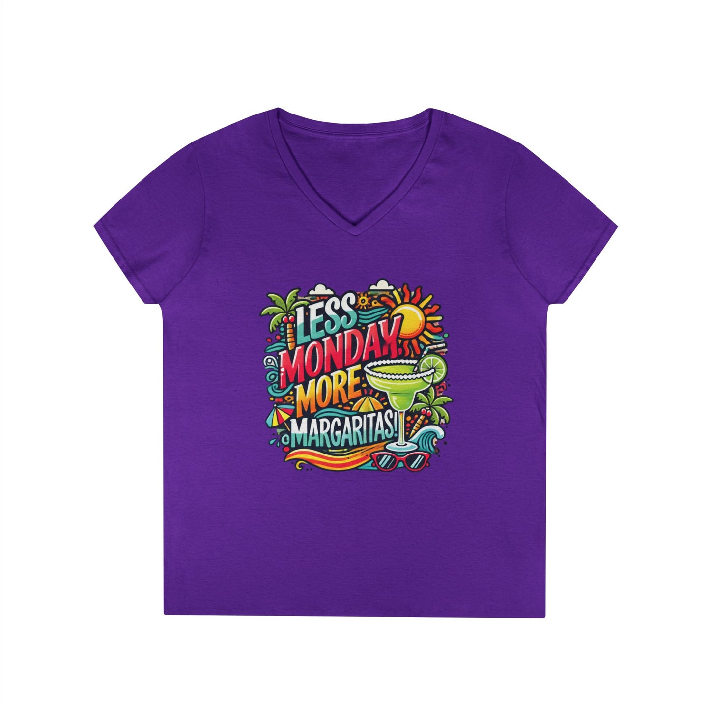 Less Monday More Margaritas Ladies' V-Neck T-Shirt, Funny Summer Cocktail Shirt, Tropical Vacation Tee for Women, Party Tee, Weekend Vibes