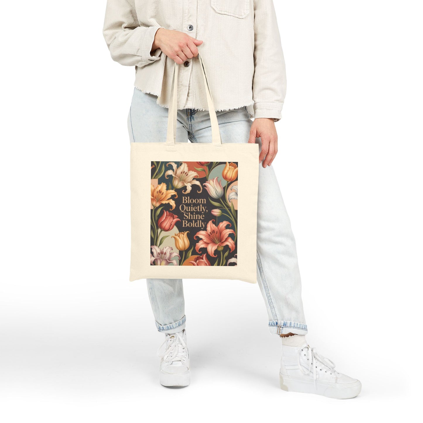 Bloom Quietly, Shine Boldly Tote Bag, Eco-Friendly Grocery Tote, Reusable Market Bag, Floral Patterned Canvas Bag, Gift Idea